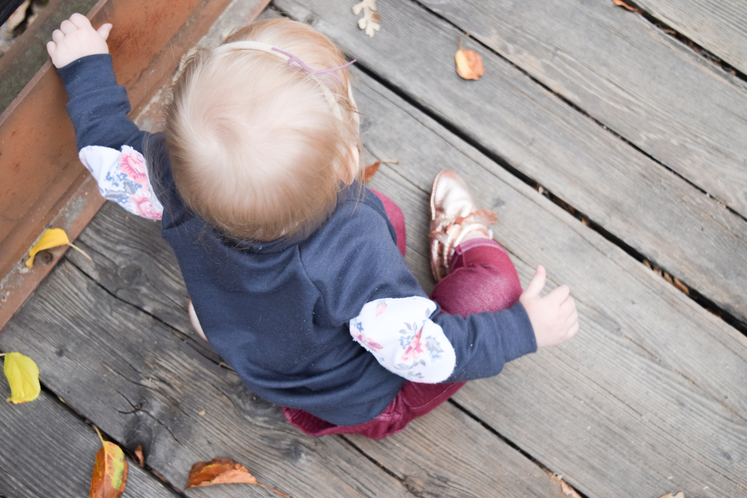 BABY FASHION - gray baby sweatshirt with floral elbow pads, maroon baby skinny jeans, rose gold baby moccasins