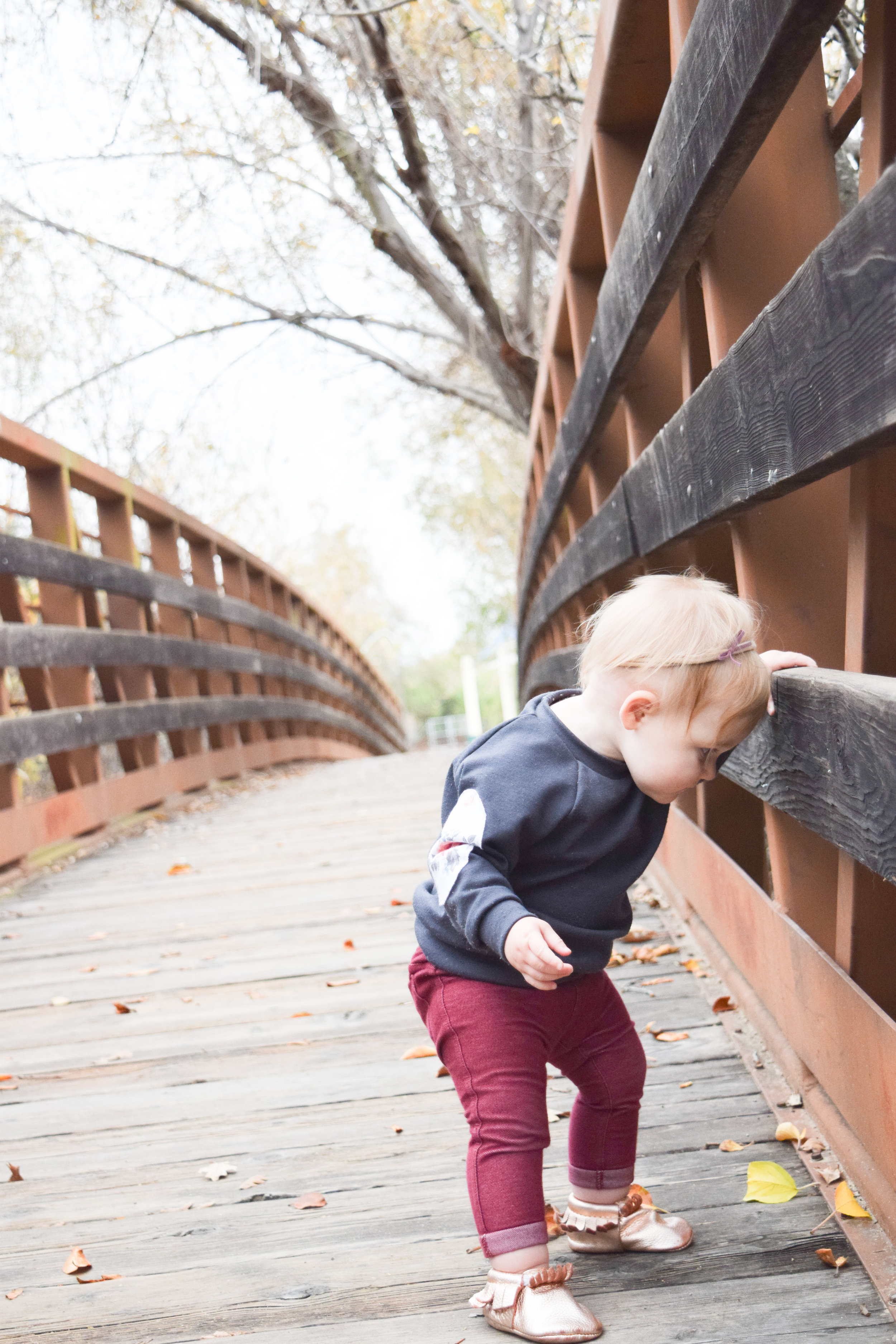 BABY FASHION - gray baby sweatshirt with floral elbow pads, maroon baby skinny jeans, rose gold baby moccasins