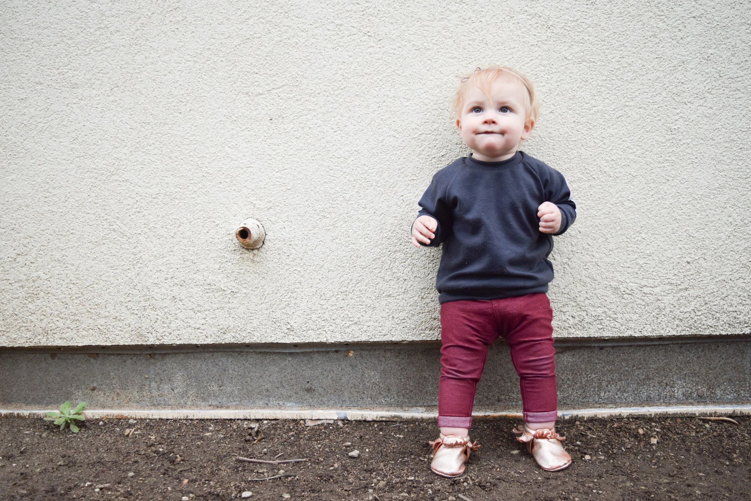 BABY FASHION - gray baby sweatshirt with floral elbow pads, maroon baby skinny jeans, rose gold baby moccasins