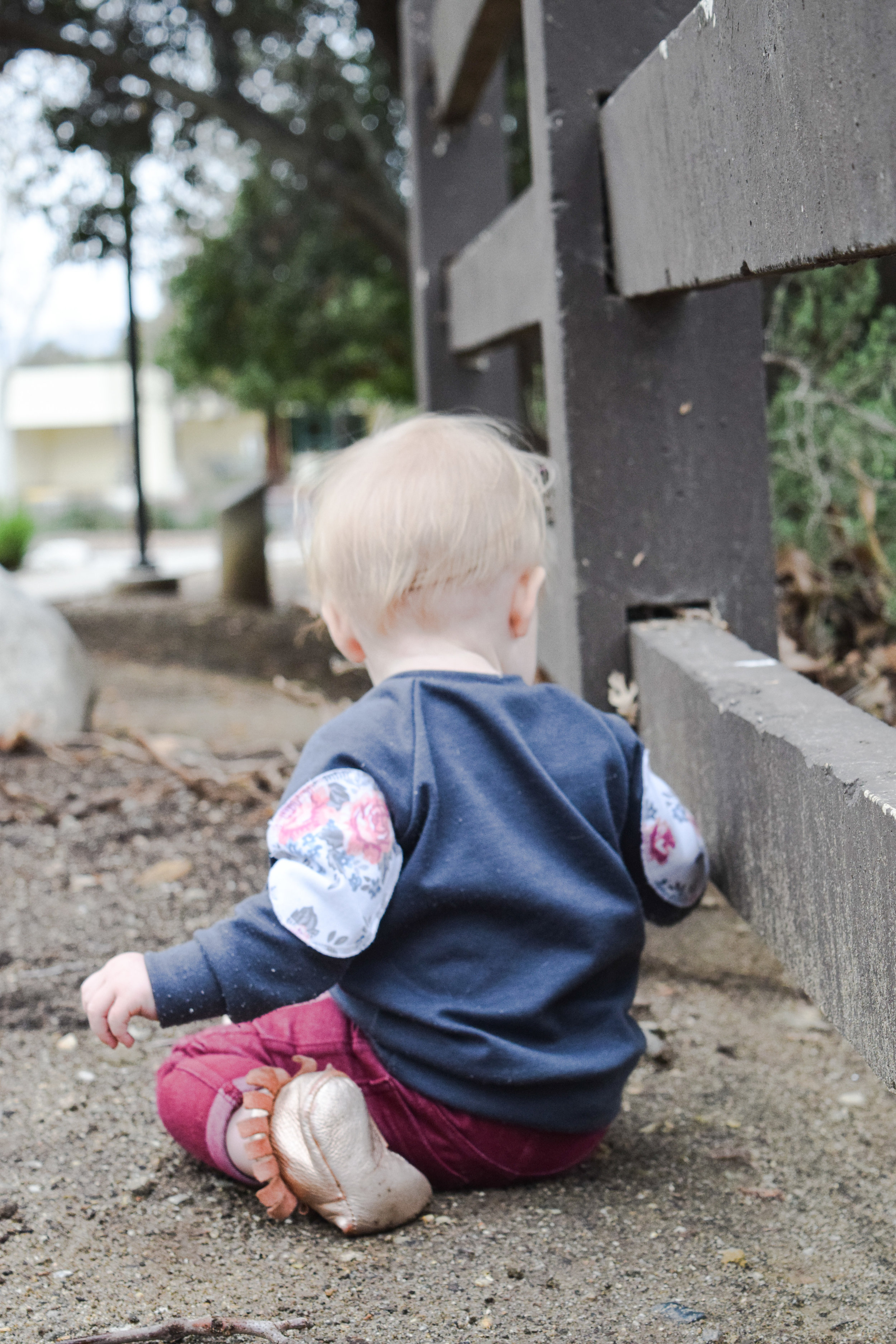 BABY FASHION - gray baby sweatshirt with floral elbow pads, maroon baby skinny jeans, rose gold baby moccasins