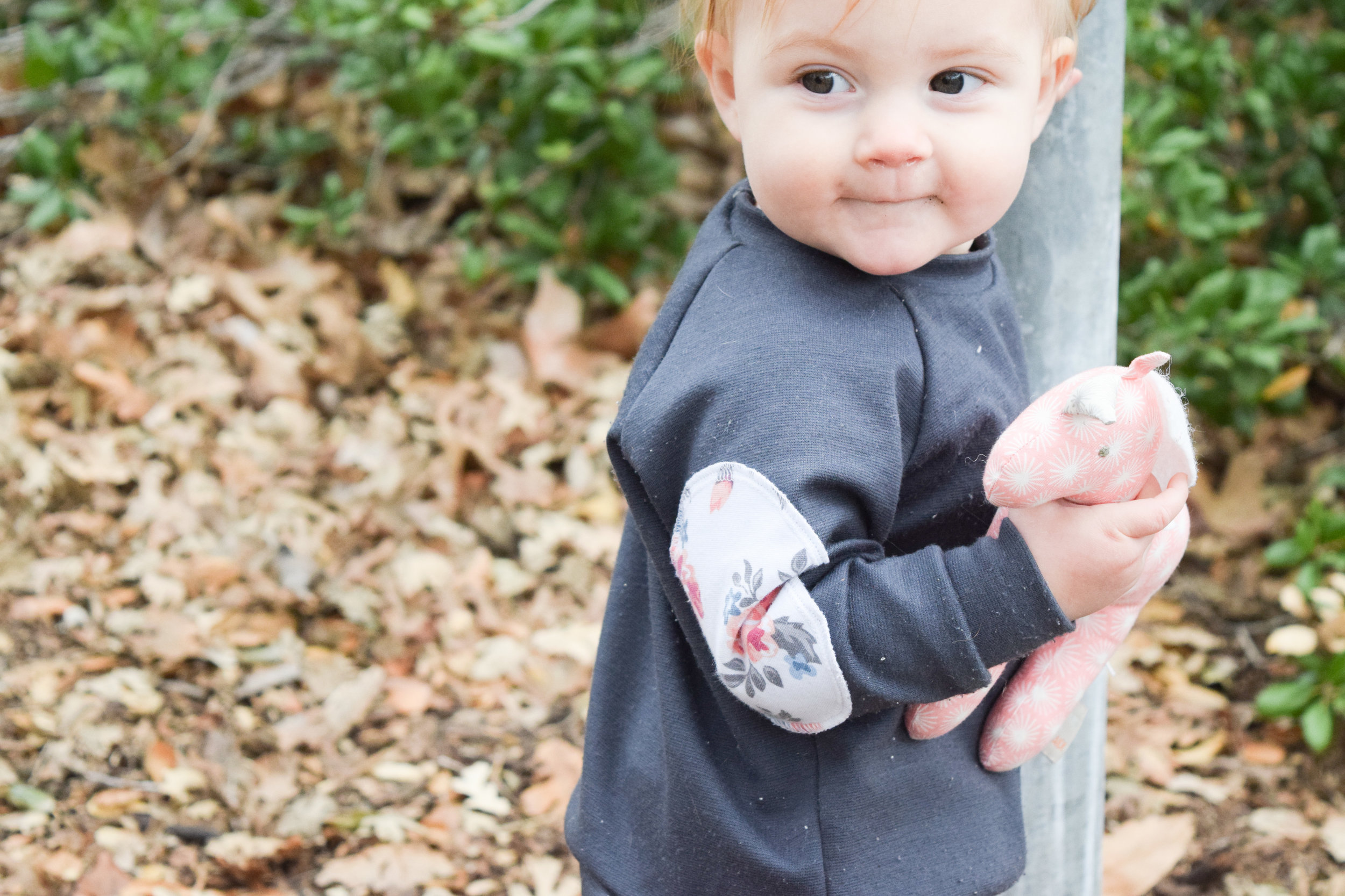 BABY FASHION - gray baby sweatshirt with floral elbow pads, maroon baby skinny jeans, rose gold baby moccasins
