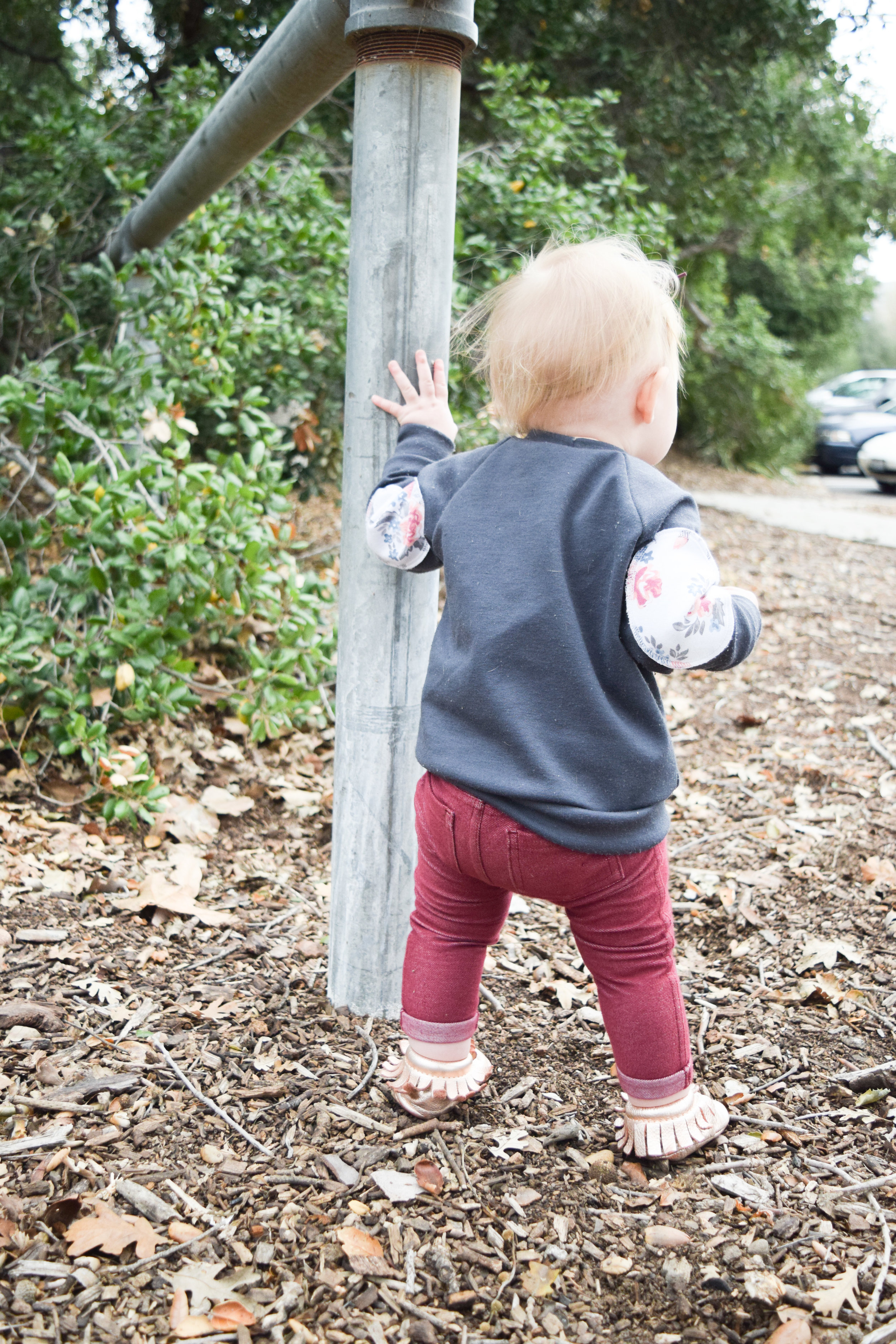 BABY FASHION - gray baby sweatshirt with floral elbow pads, maroon baby skinny jeans, rose gold baby moccasins