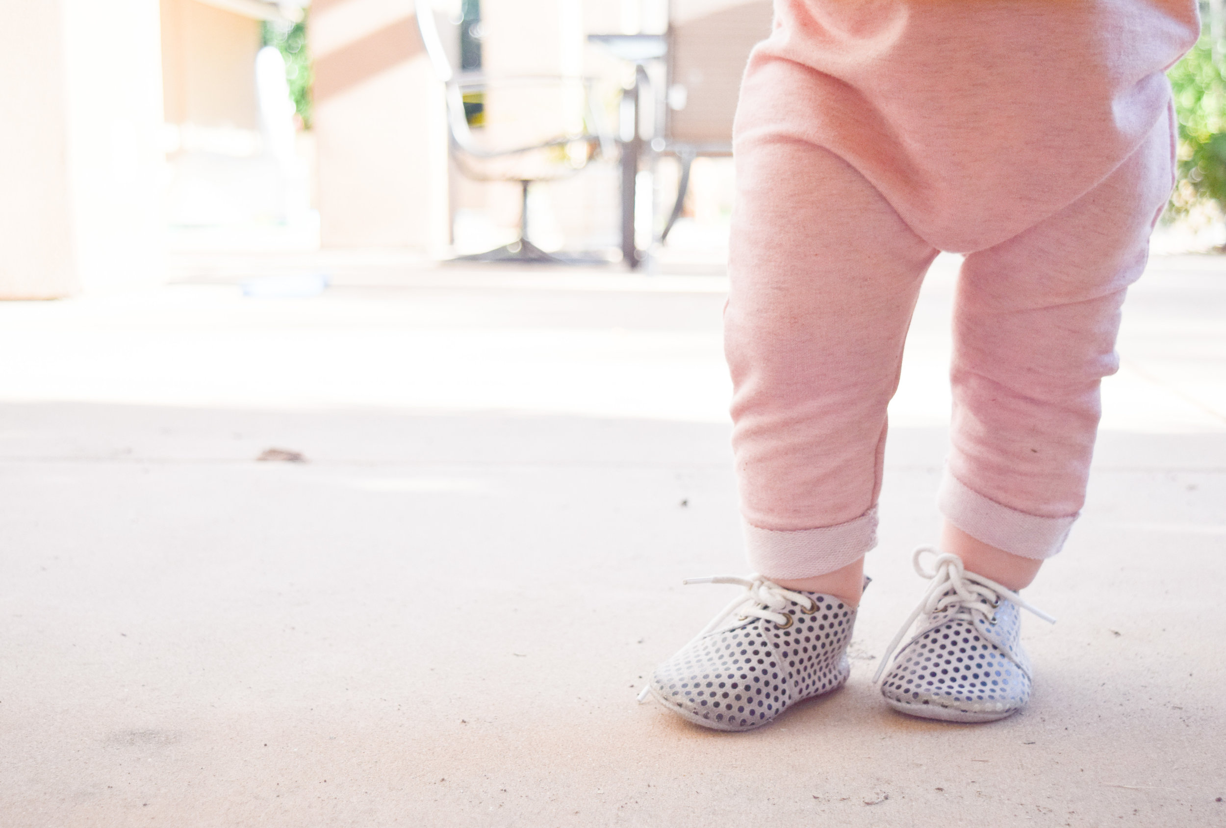 Baby Fashion - Light Pink Baby Romper, Polka Dot Baby Oxfords Piper Finn Footwear, Floral Print Baby Headband
