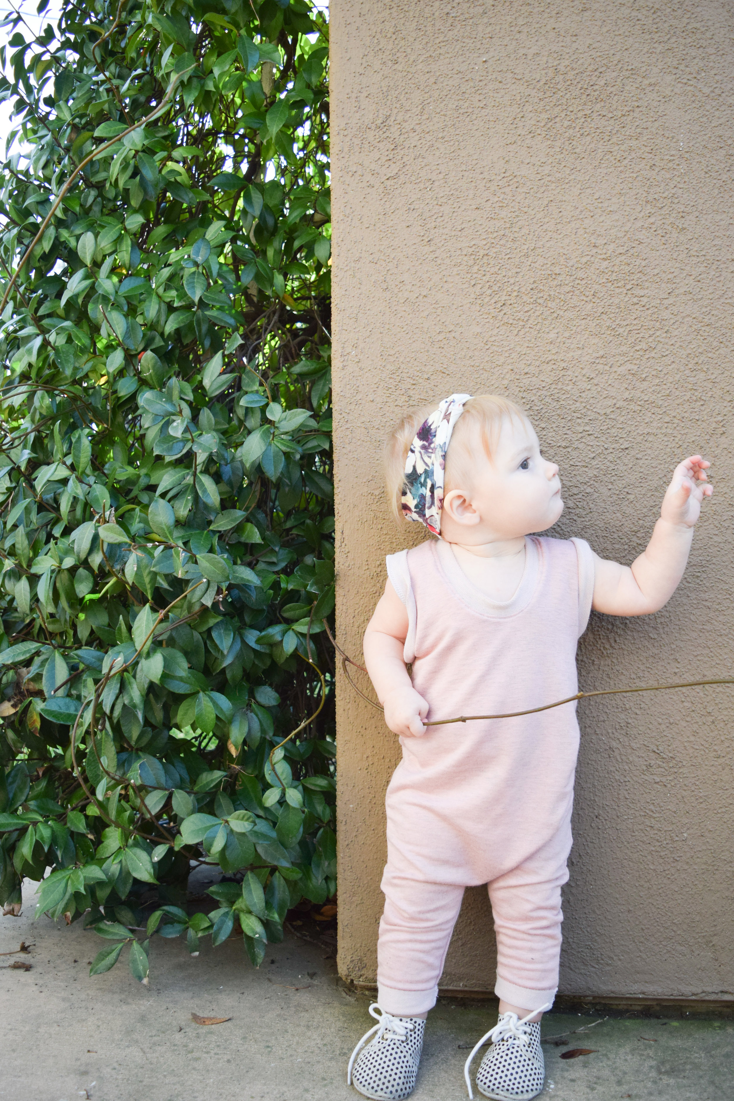 Baby Fashion - Light Pink Baby Romper, Polka Dot Baby Oxfords Piper Finn Footwear, Floral Print Baby Headband