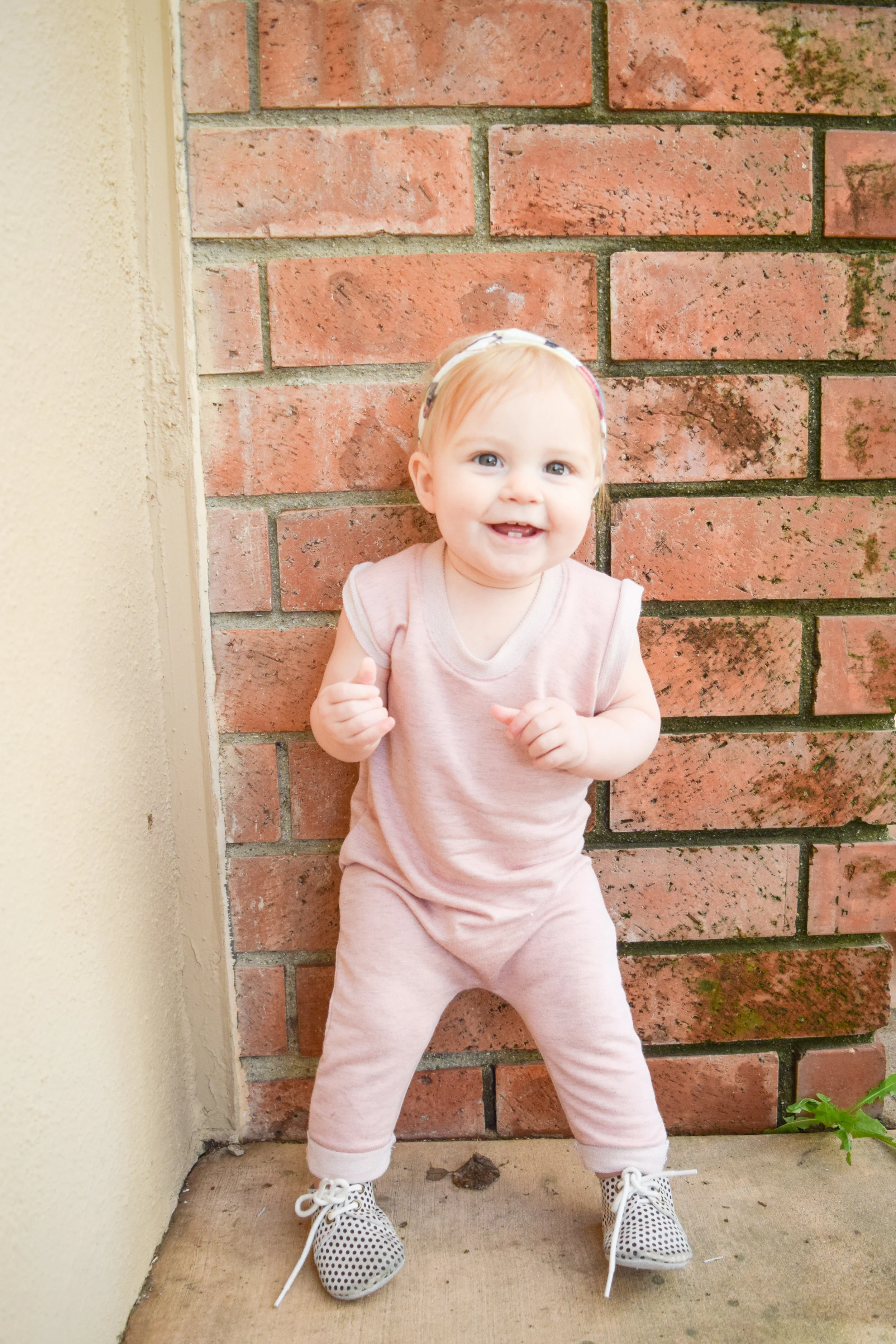 Baby Fashion - Light Pink Baby Romper, Polka Dot Baby Oxfords Piper Finn Footwear, Floral Print Baby Headband
