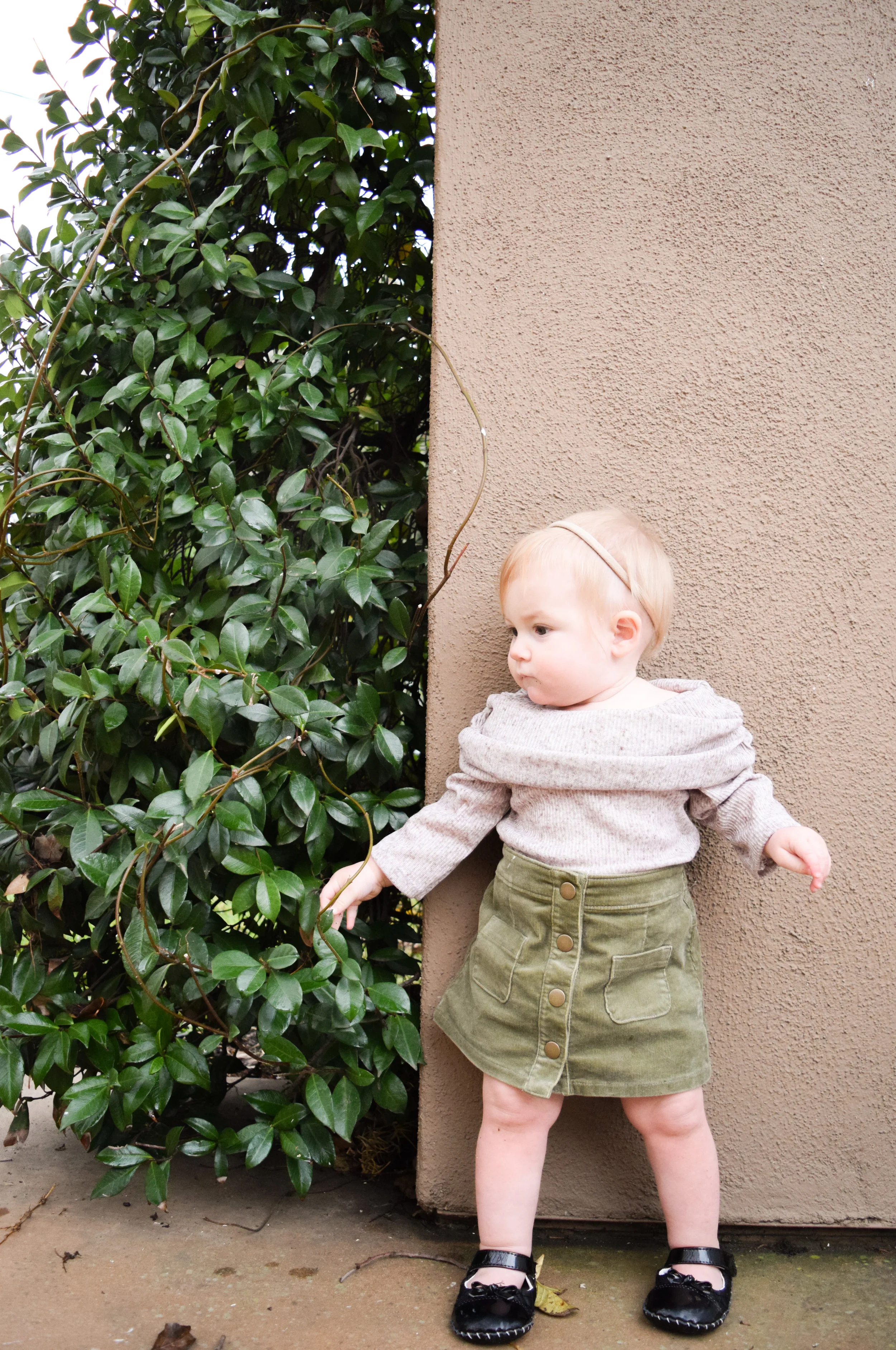 BABY FASHION - Tan off the shoulder baby tunic, olive target corduroy baby skirt