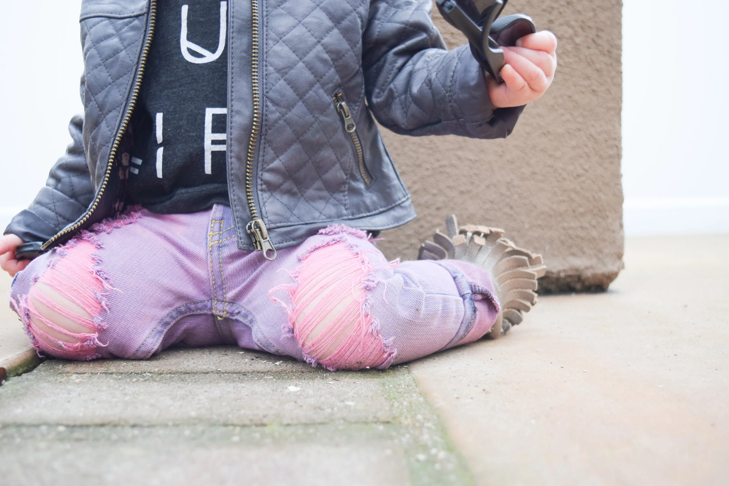 BABY FASHION - pink baby distressed jeans, baby leather jacket, hug life baby t shirt, baby sunglasses, champagne baby fringe boots