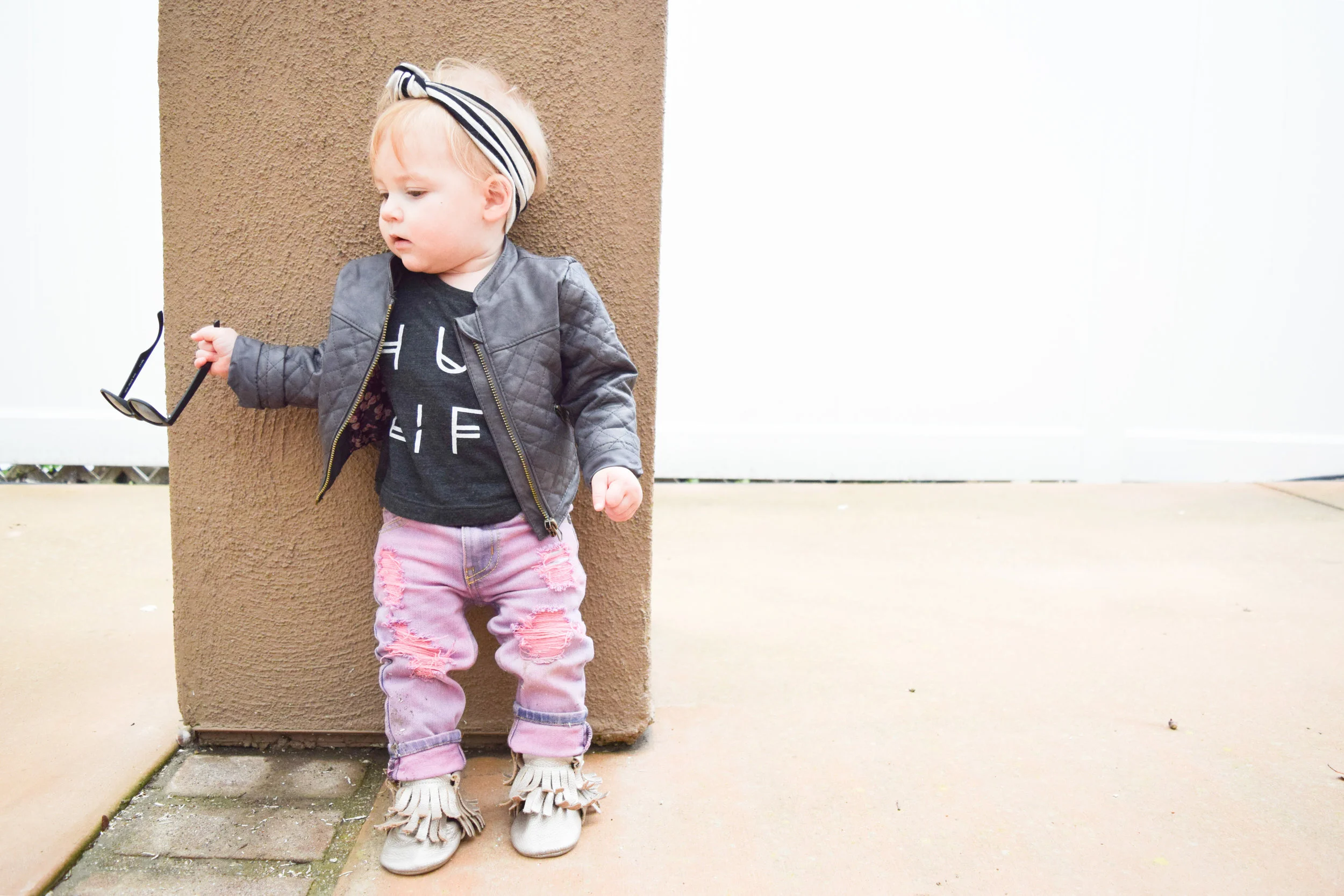 BABY FASHION - pink baby distressed jeans, baby leather jacket, hug life baby t shirt, baby sunglasses, champagne baby fringe boots
