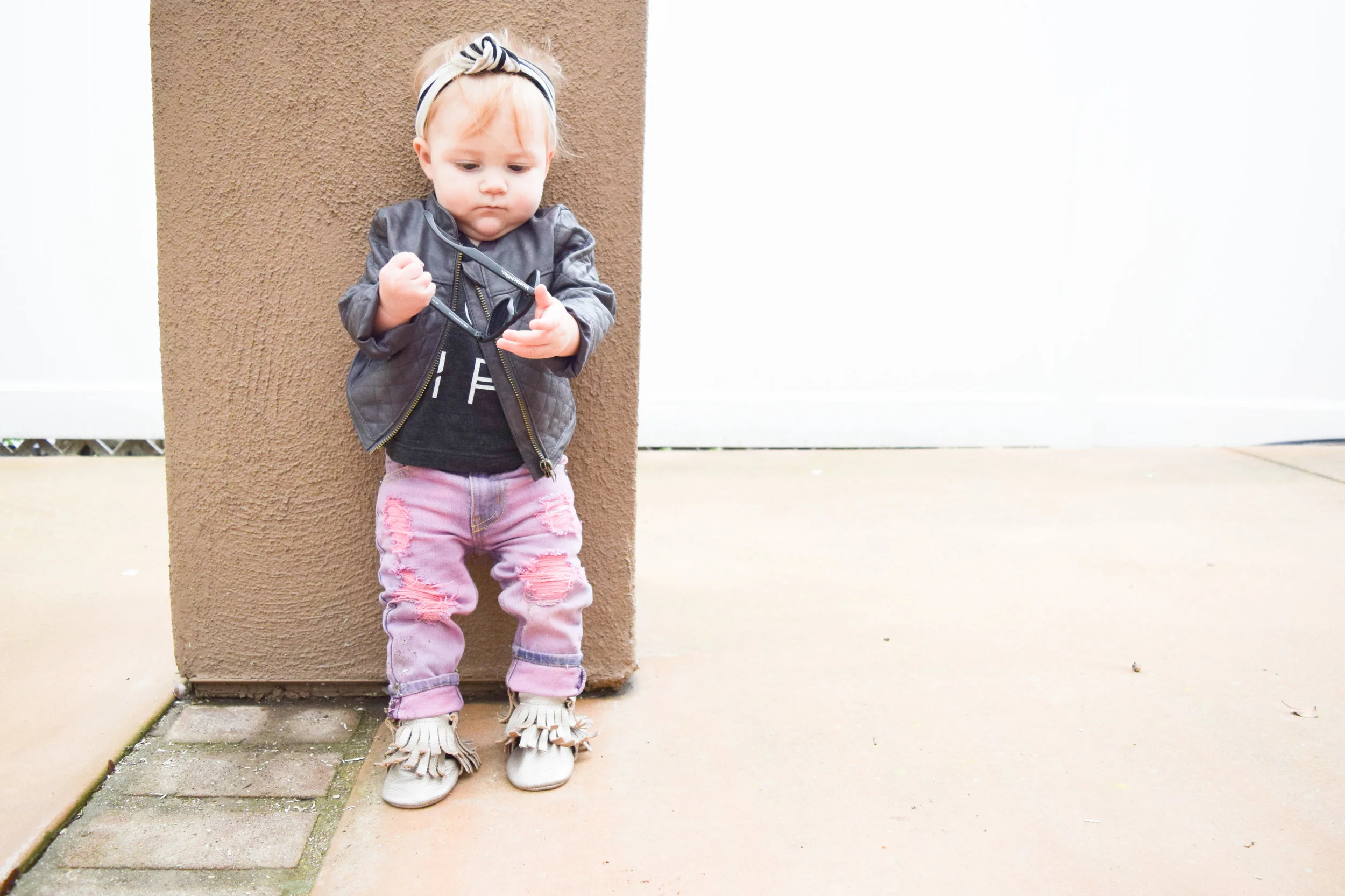 BABY FASHION - pink baby distressed jeans, baby leather jacket, hug life baby t shirt, baby sunglasses, champagne baby fringe boots