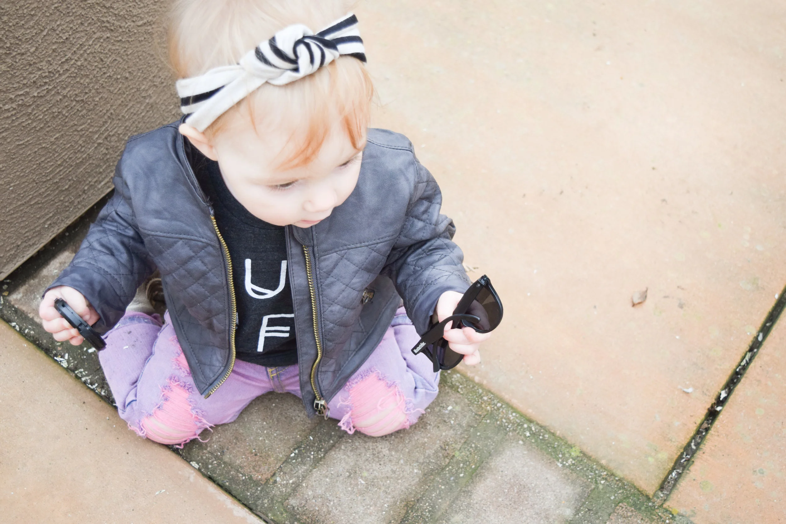 BABY FASHION - pink baby distressed jeans, baby leather jacket, hug life baby t shirt, baby sunglasses, champagne baby fringe boots