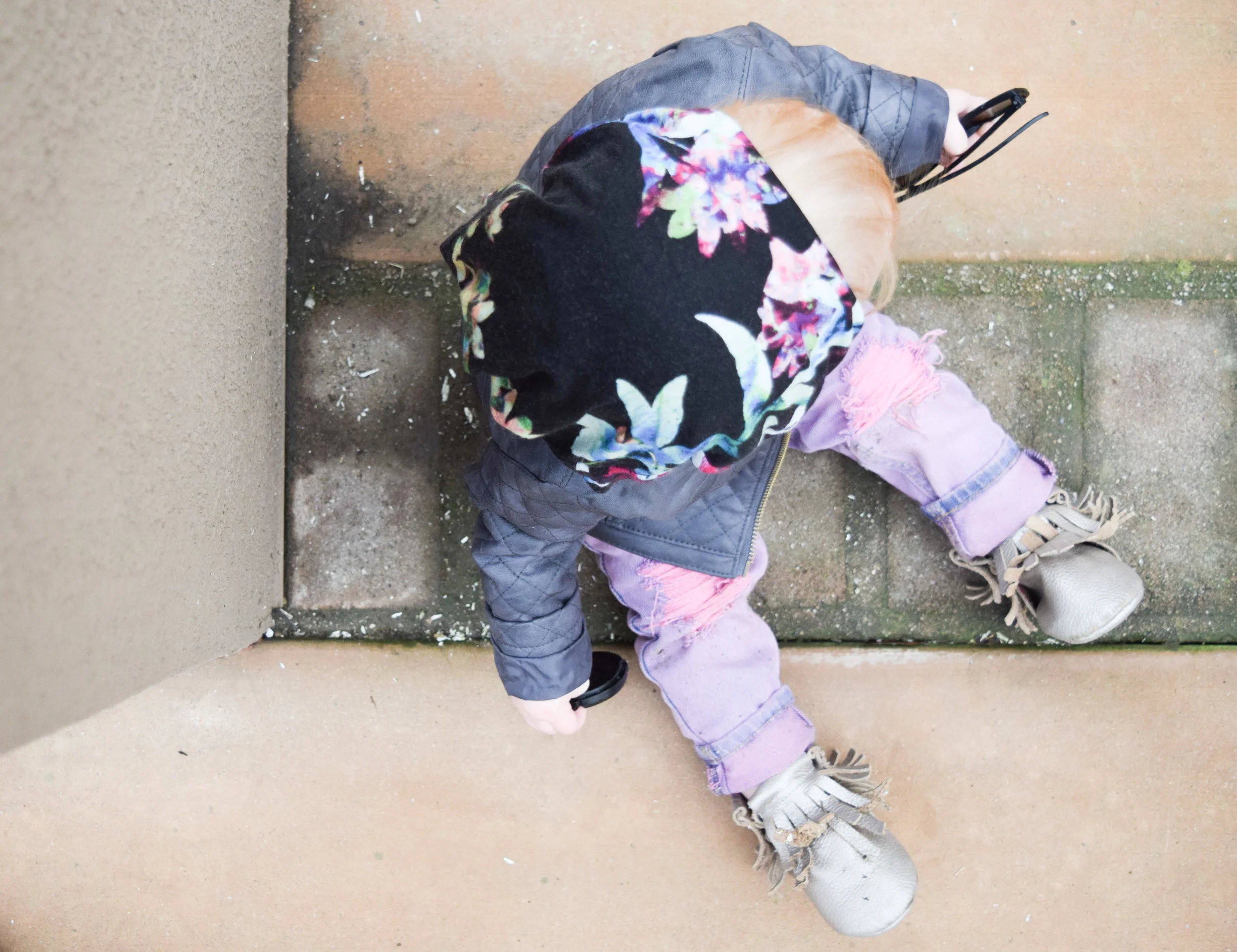BABY FASHION - pink baby distressed jeans, baby leather jacket, hug life baby t shirt, baby sunglasses, champagne baby fringe boots