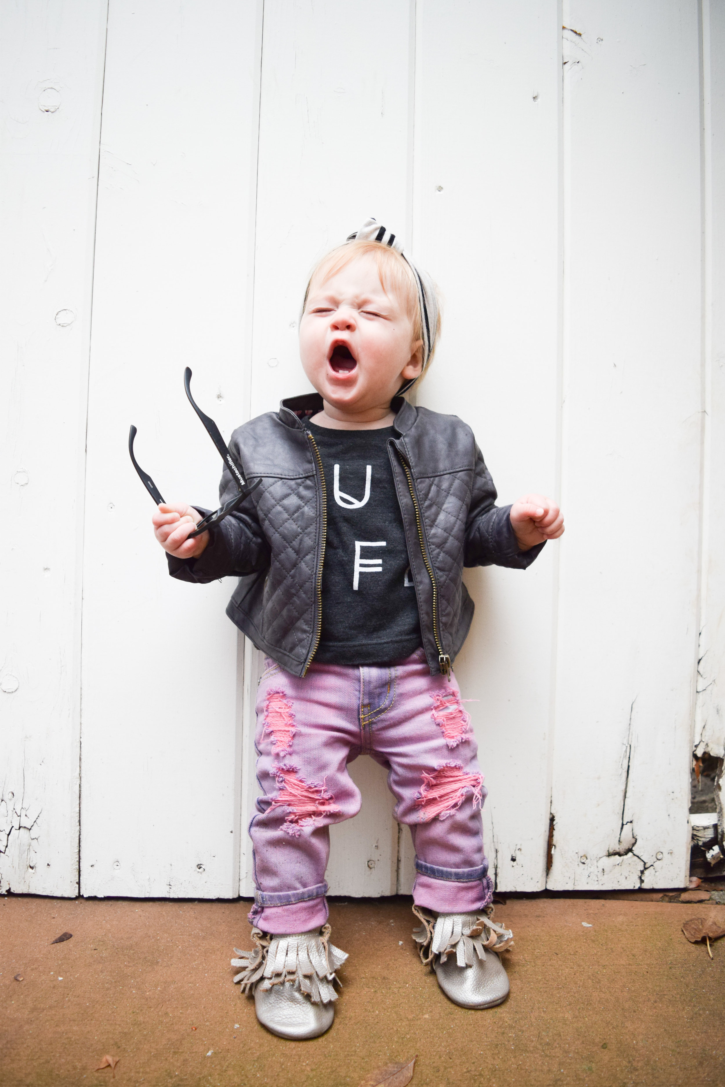 BABY FASHION - pink baby distressed jeans, baby leather jacket, hug life baby t shirt, baby sunglasses, champagne baby fringe boots
