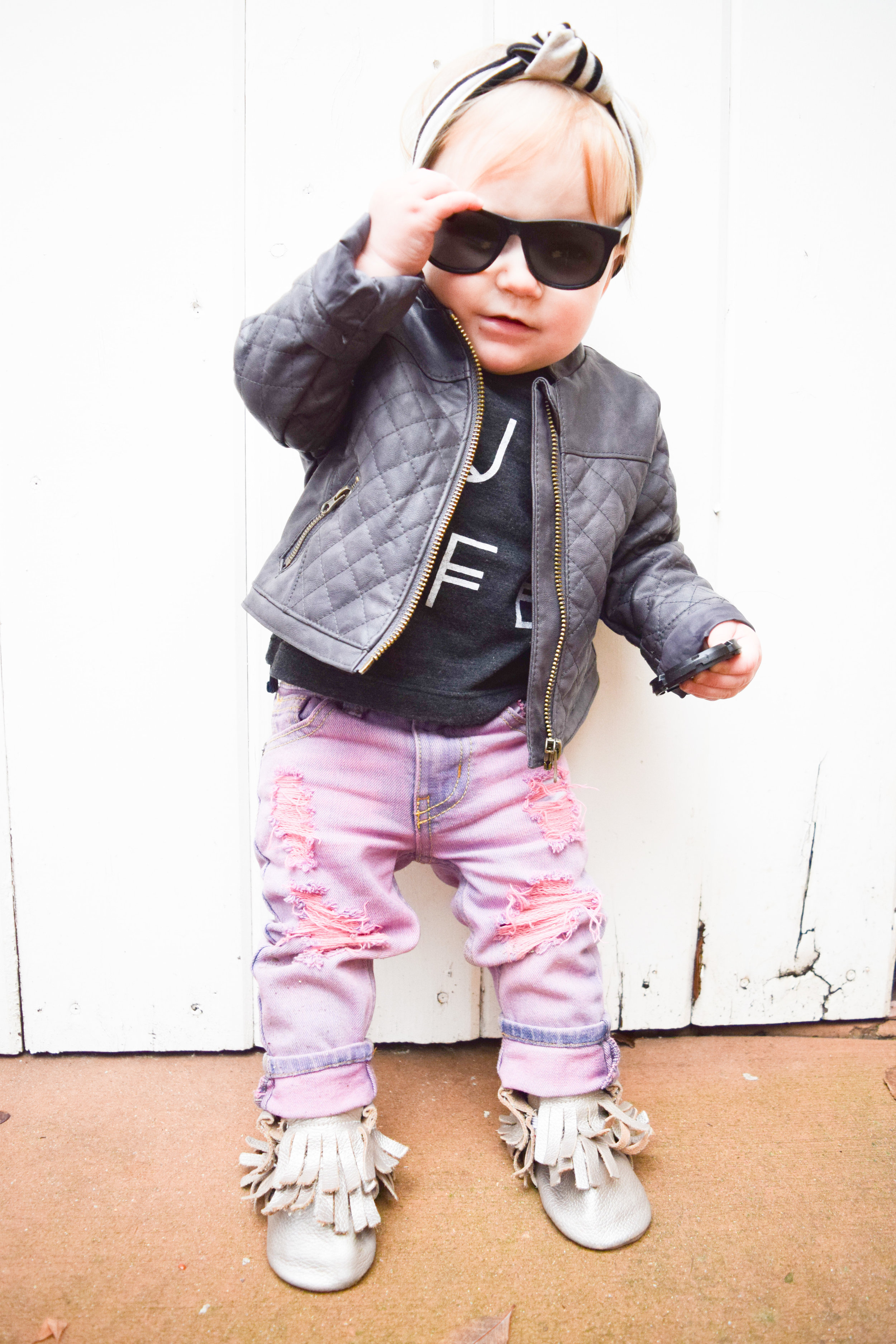 BABY FASHION - pink baby distressed jeans, baby leather jacket, hug life baby t shirt, baby sunglasses, champagne baby fringe boots