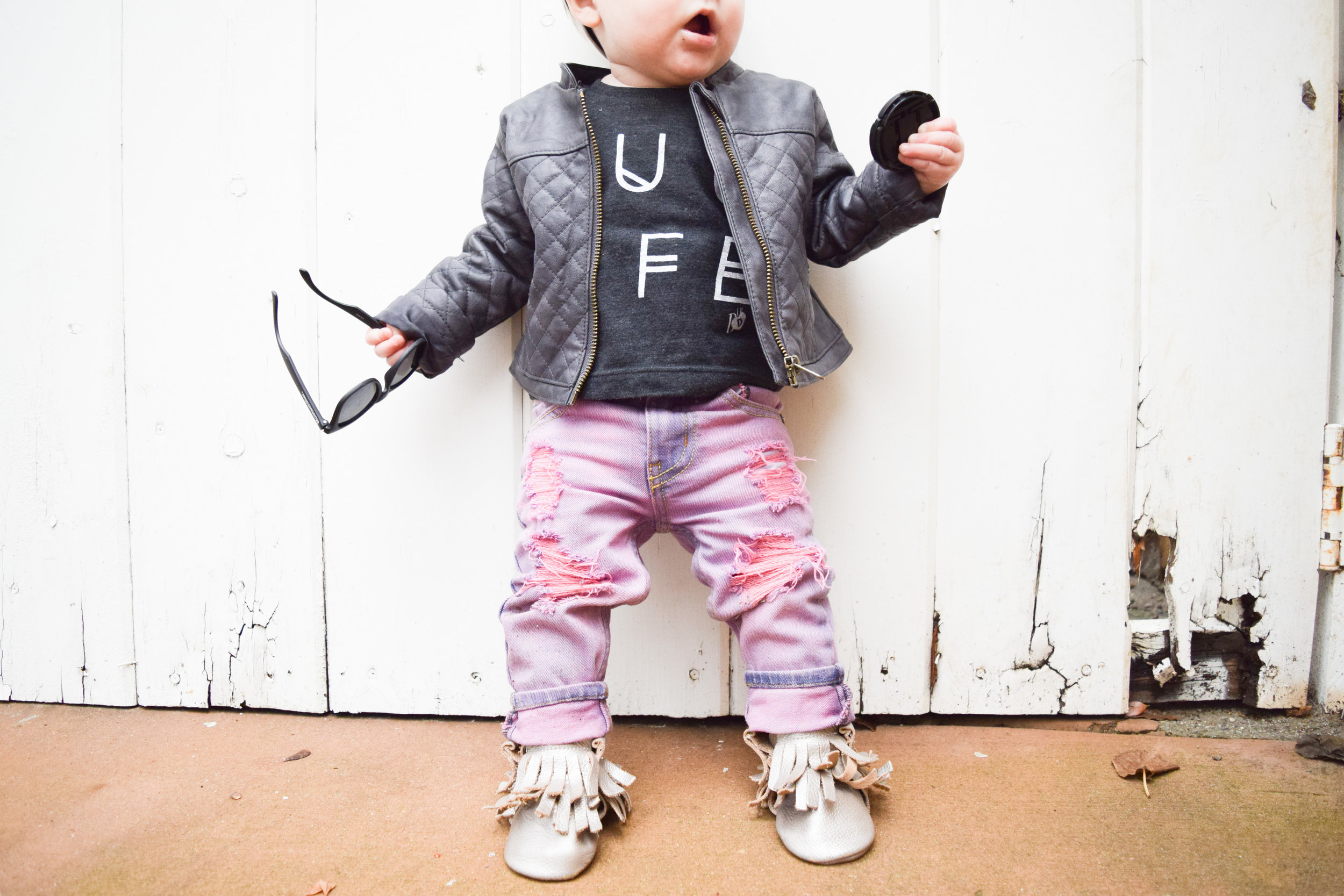 BABY FASHION - pink baby distressed jeans, baby leather jacket, hug life baby t shirt, baby sunglasses, champagne baby fringe boots