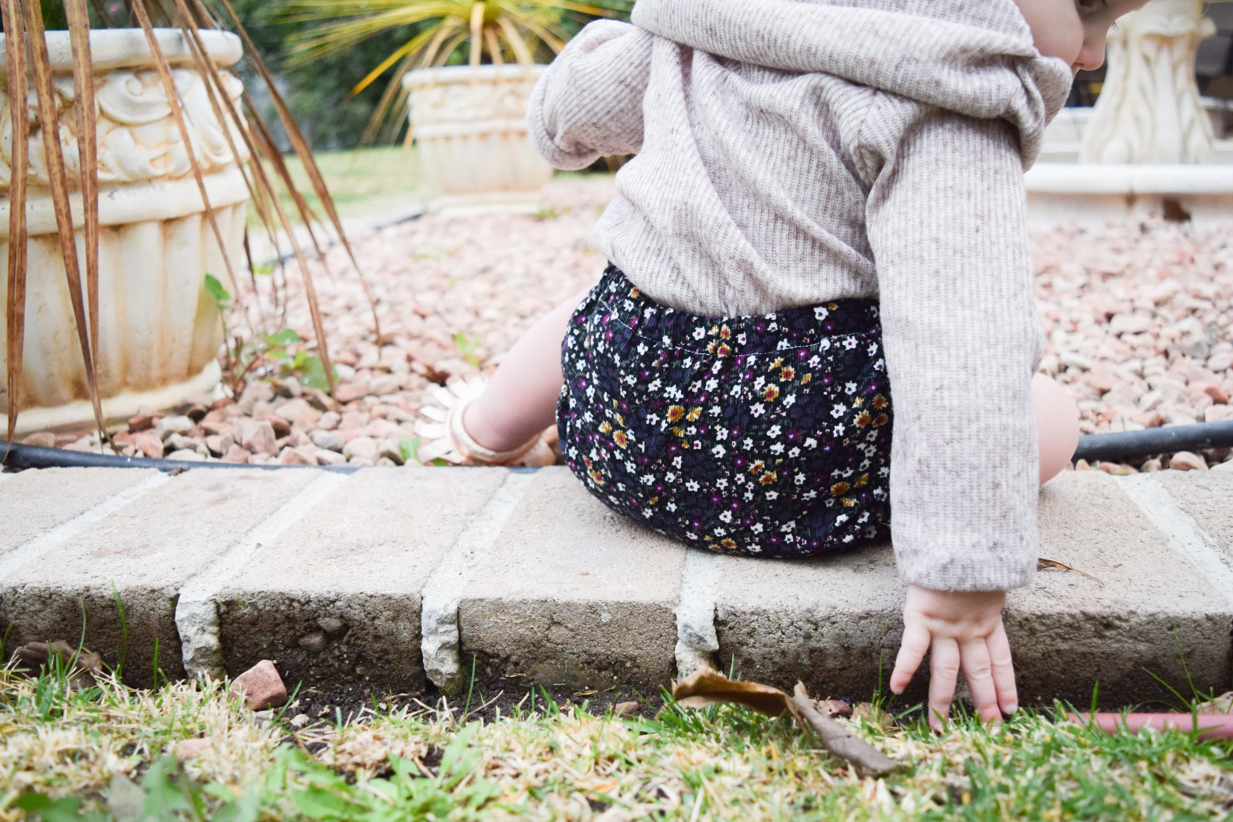 BABY FASHION -- floral corduroy baby bloomers, baby off the shoulder shirt, rose gold baby moccasins