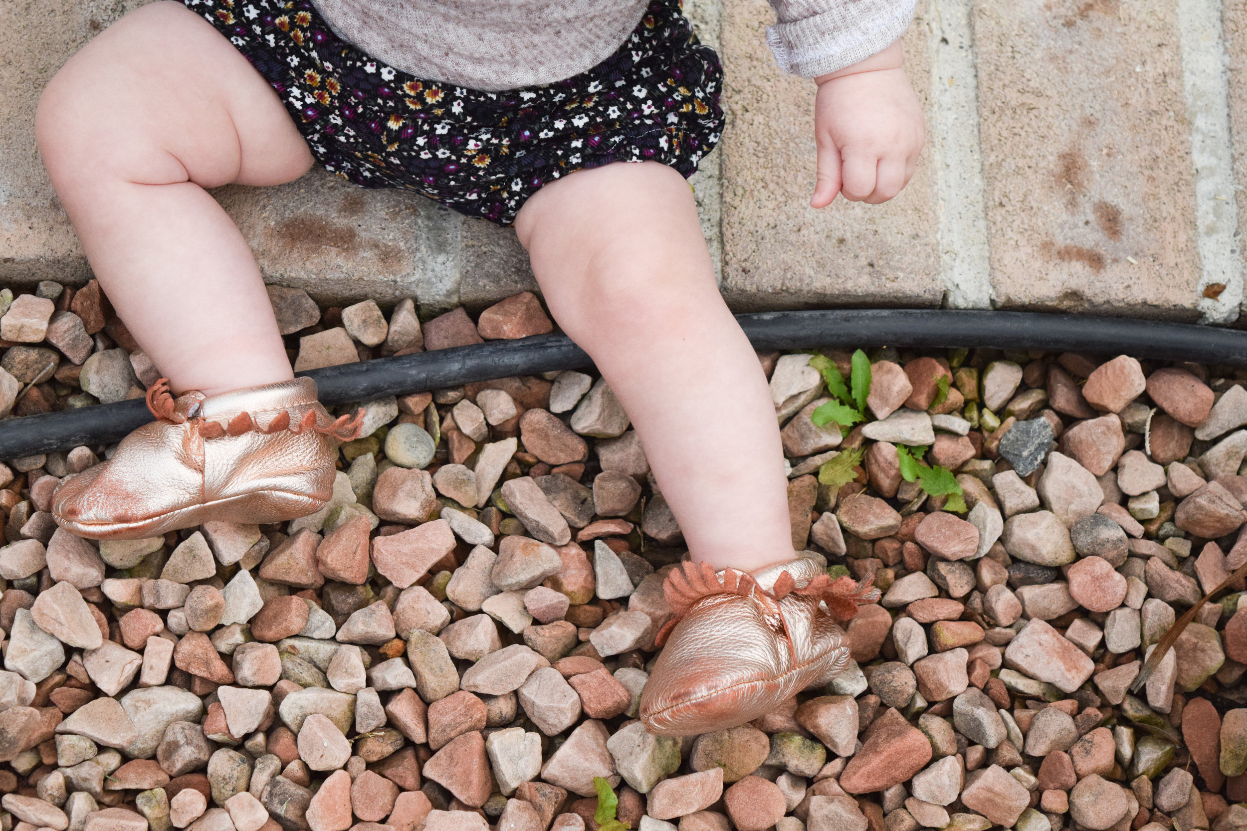 BABY FASHION -- floral corduroy baby bloomers, baby off the shoulder shirt, rose gold baby moccasins
