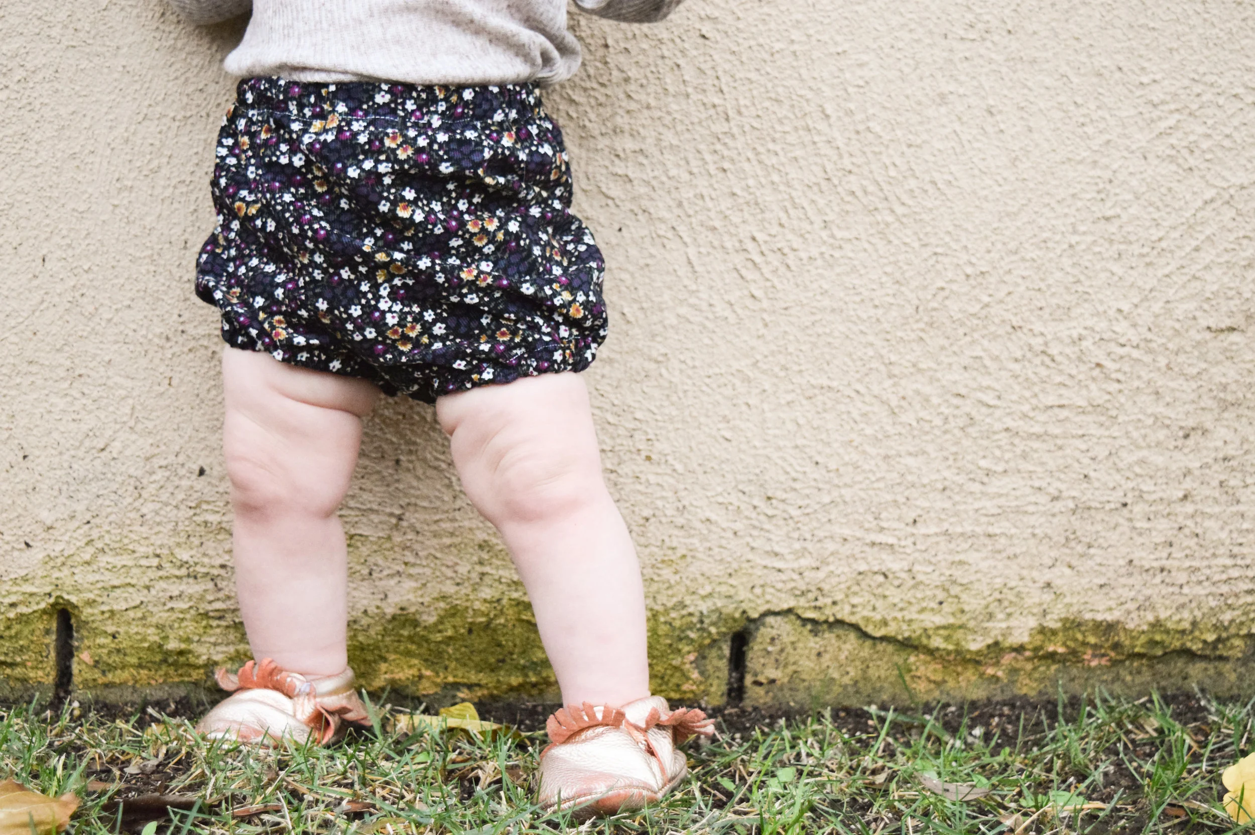BABY FASHION -- floral corduroy baby bloomers, baby off the shoulder shirt, rose gold baby moccasins
