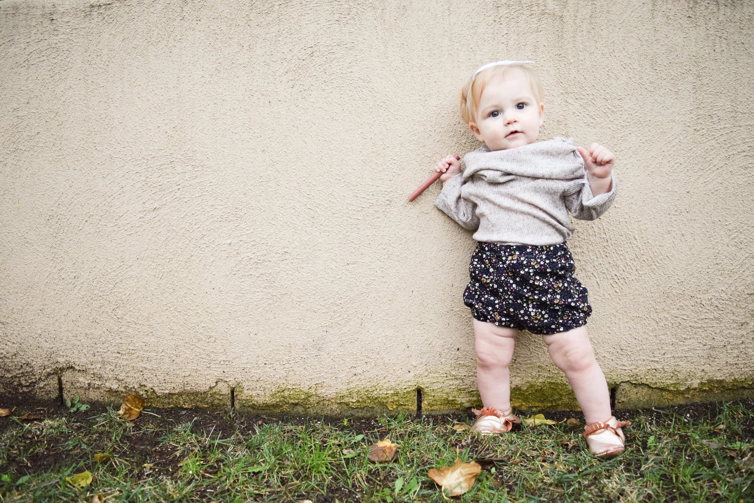 BABY FASHION -- floral corduroy baby bloomers, baby off the shoulder shirt, rose gold baby moccasins