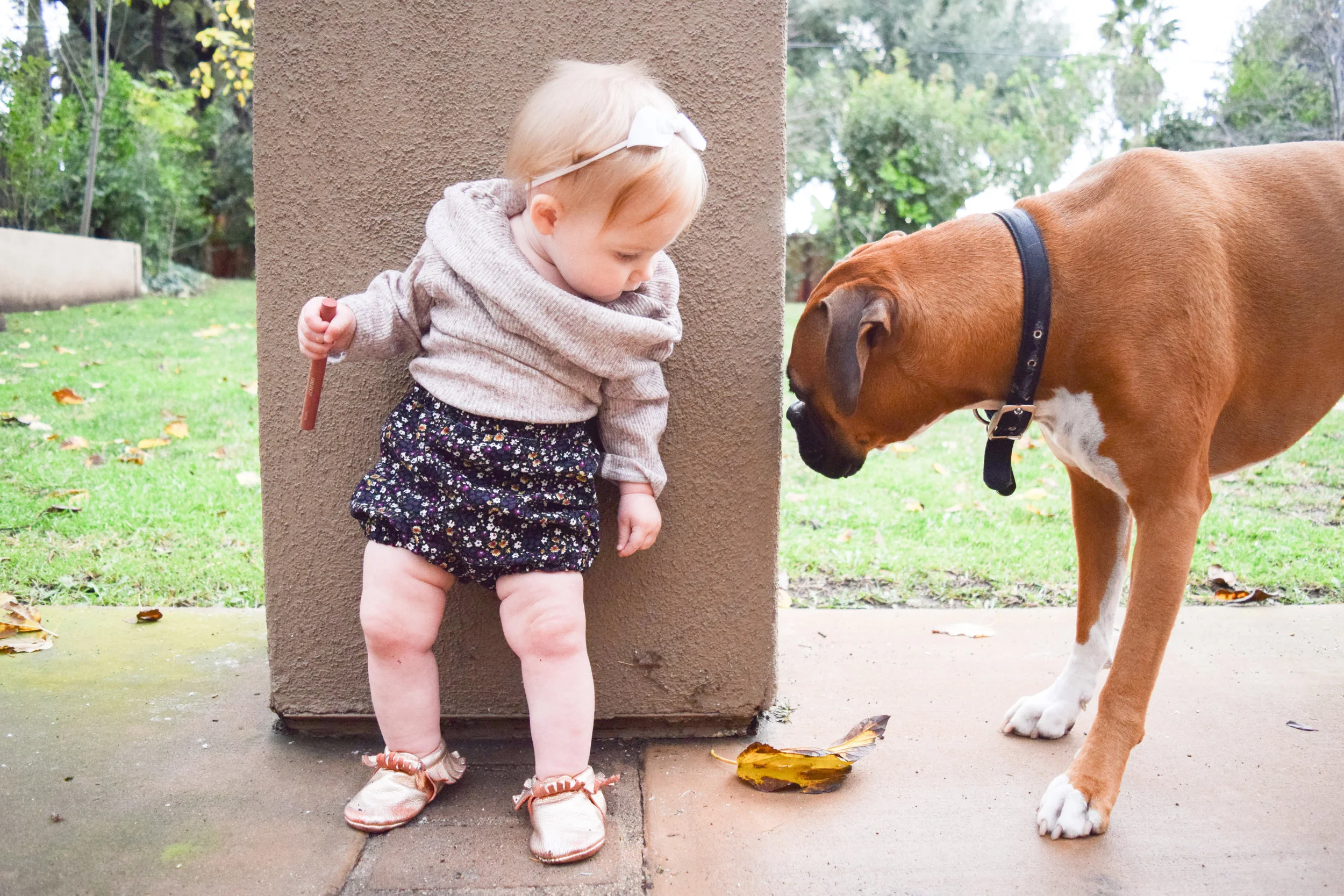BABY FASHION -- floral corduroy baby bloomers, baby off the shoulder shirt, rose gold baby moccasins