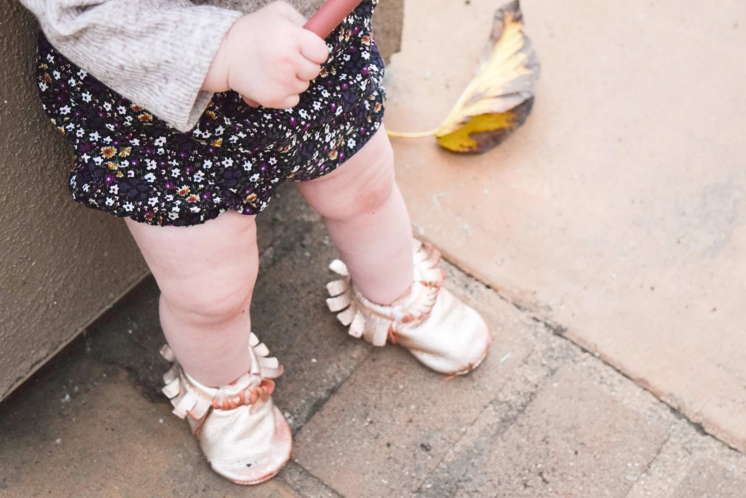 BABY FASHION -- floral corduroy baby bloomers, baby off the shoulder shirt, rose gold baby moccasins