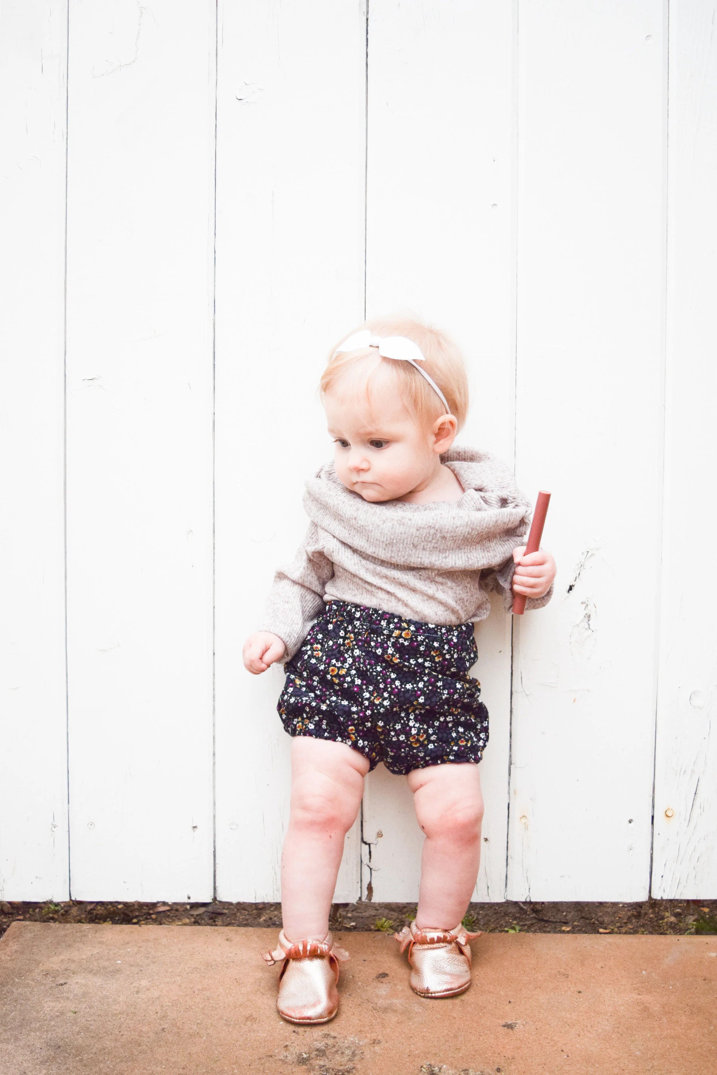 BABY FASHION -- floral corduroy baby bloomers, baby off the shoulder shirt, rose gold baby moccasins