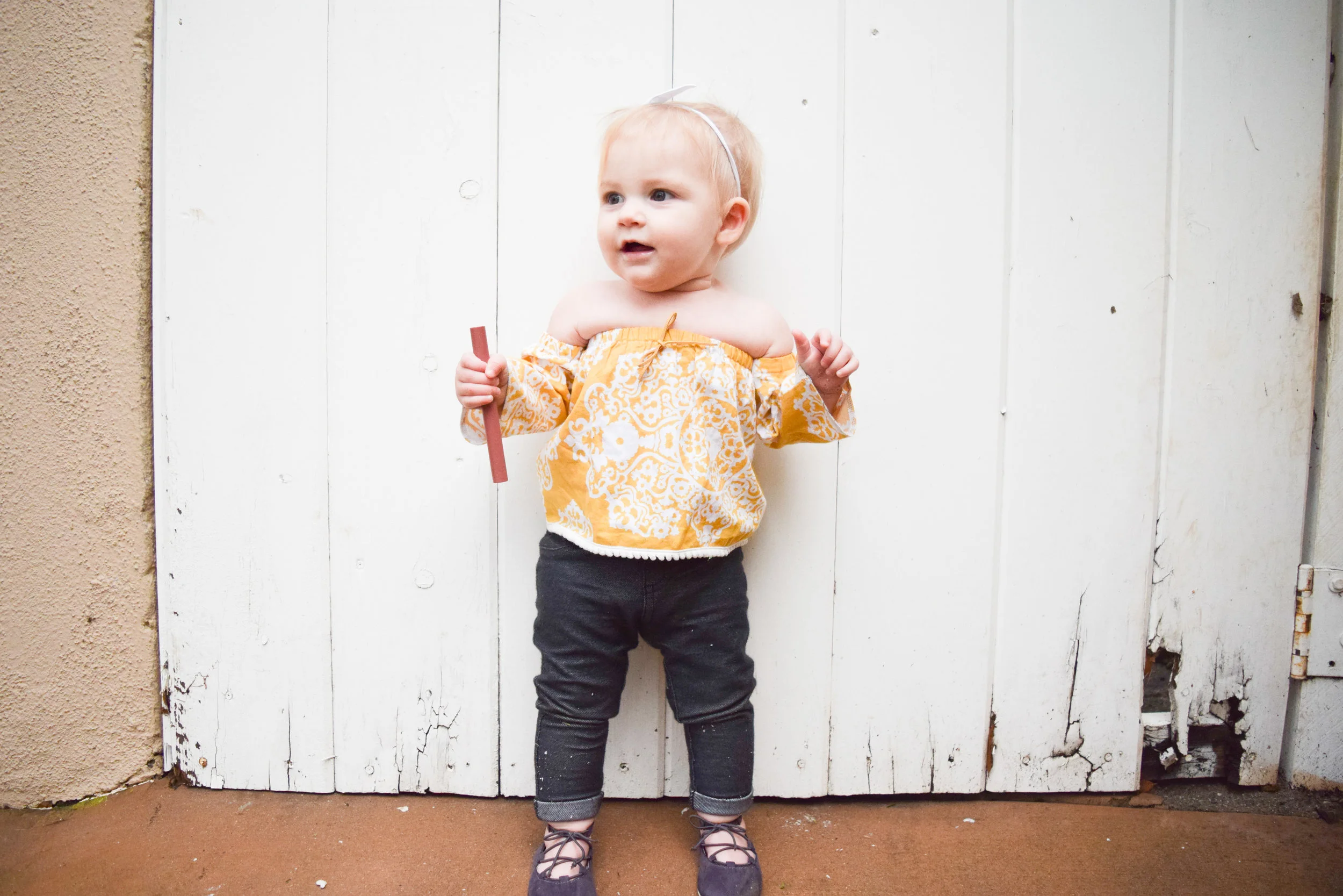 Baby Fashion - Off the shoulder baby shirt, baby skinny jeans, baby ballerina flats