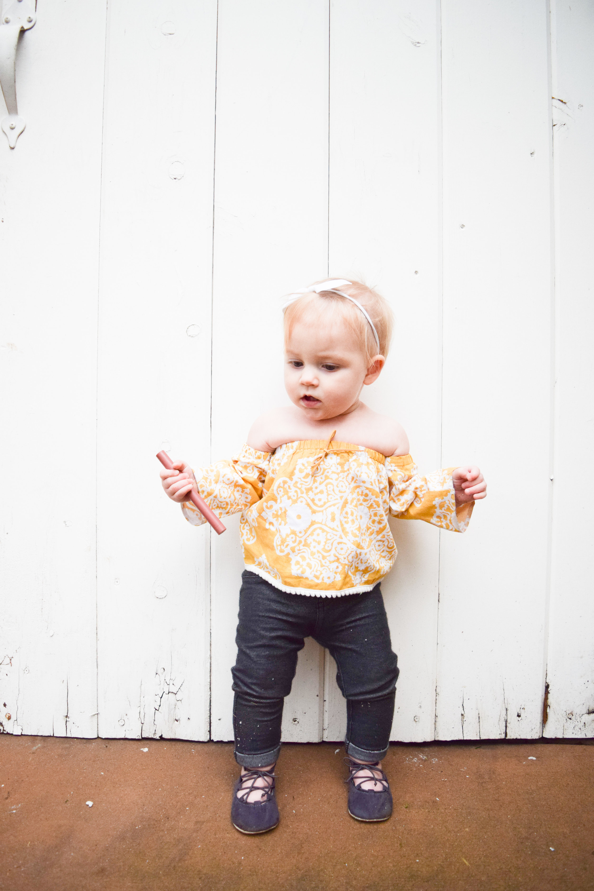 Baby Fashion - Off the shoulder baby shirt, baby skinny jeans, baby ballerina flats