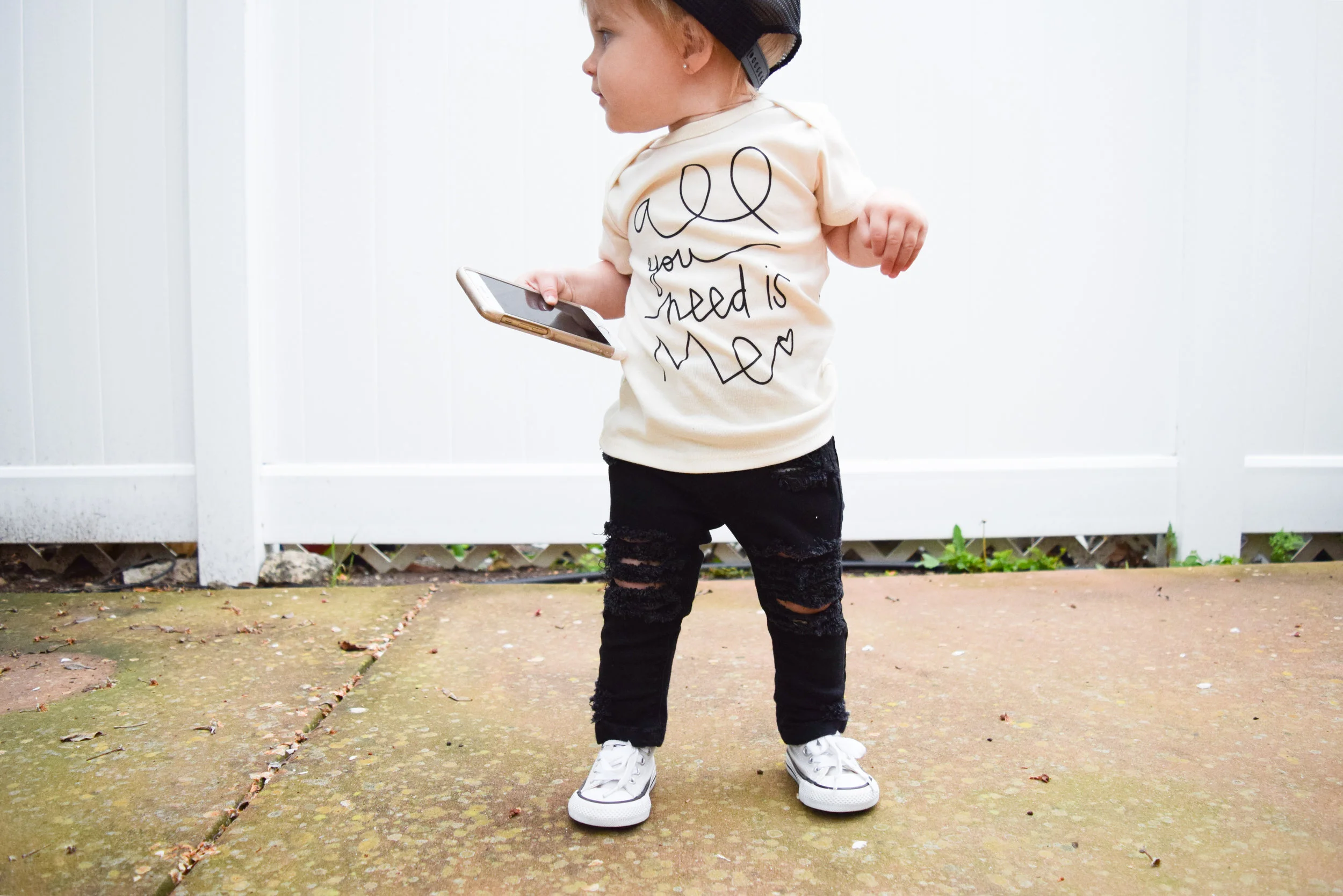 BABY FASHION | Unisex Baby Shirt, Baby Ripped Black Jeans, Baby Converse