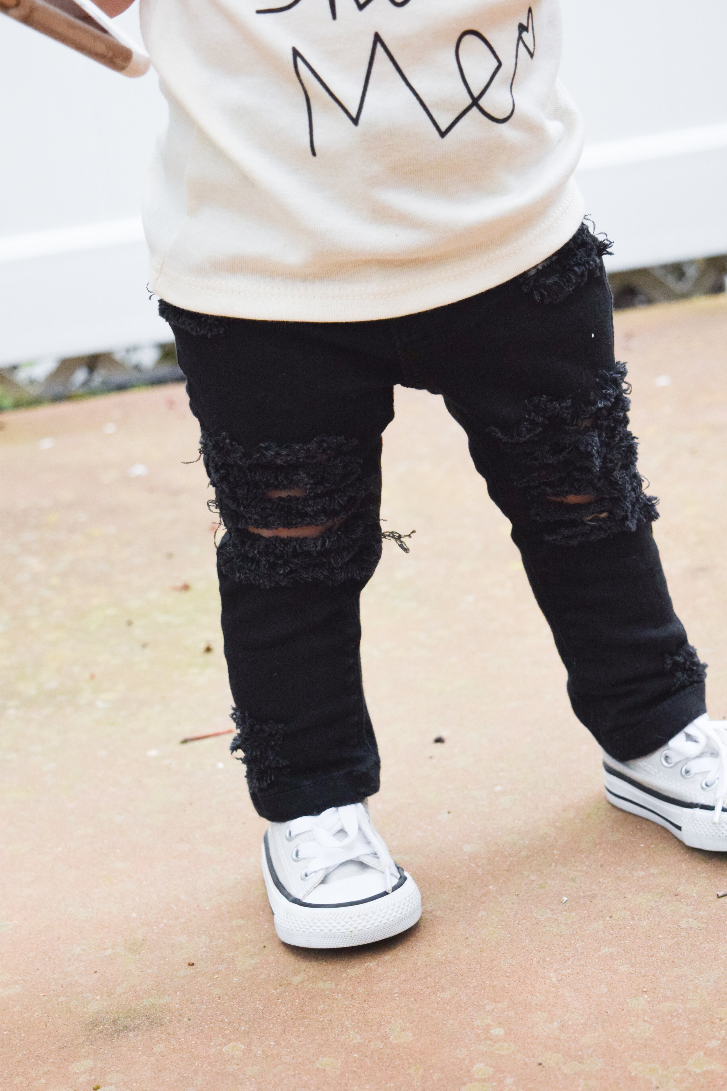 BABY FASHION | Unisex Baby Shirt, Baby Ripped Black Jeans, Baby Converse