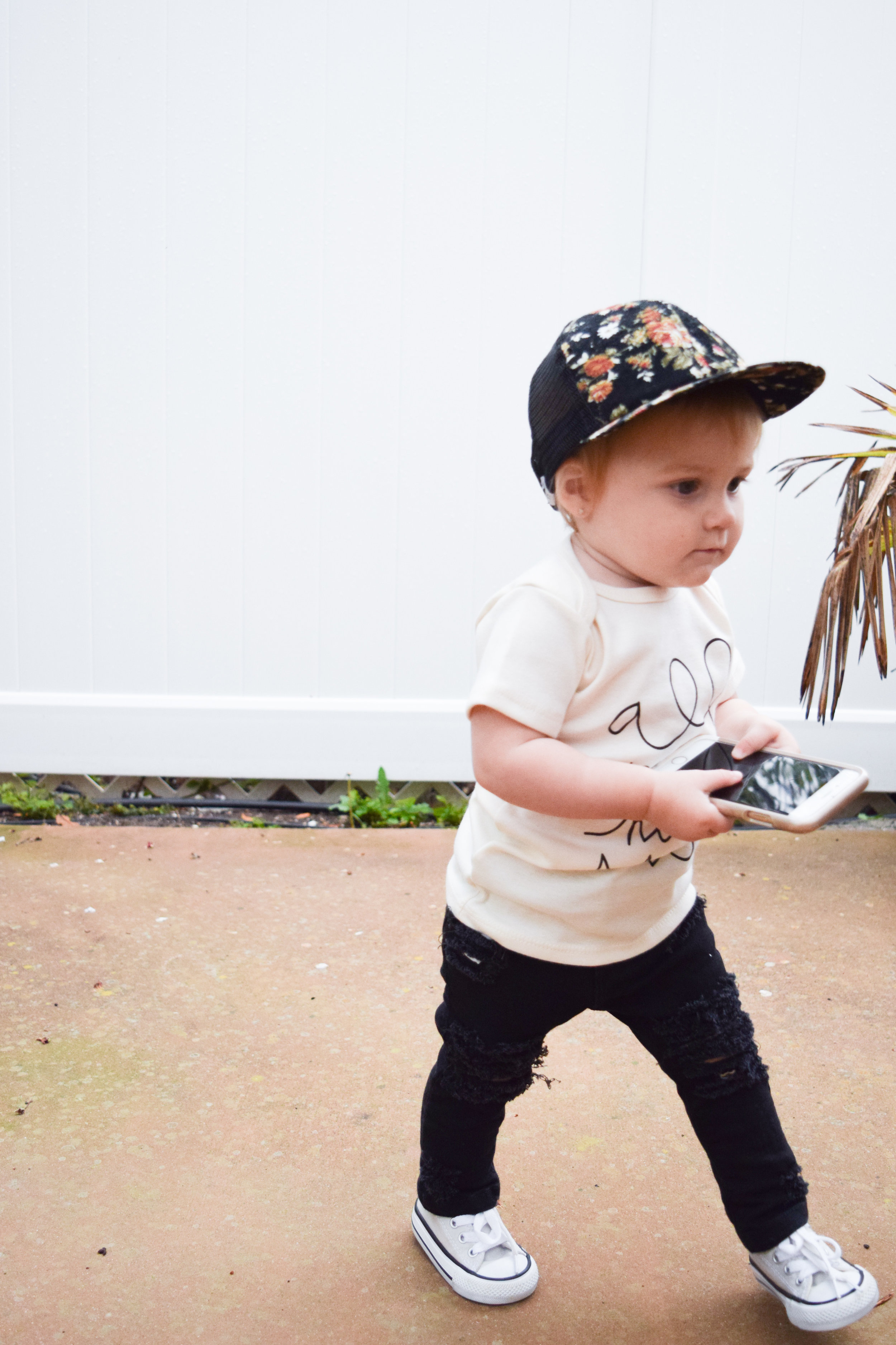 BABY FASHION | Unisex Baby Shirt, Baby Ripped Black Jeans, Baby Converse, Floral Baby Trucker Hat