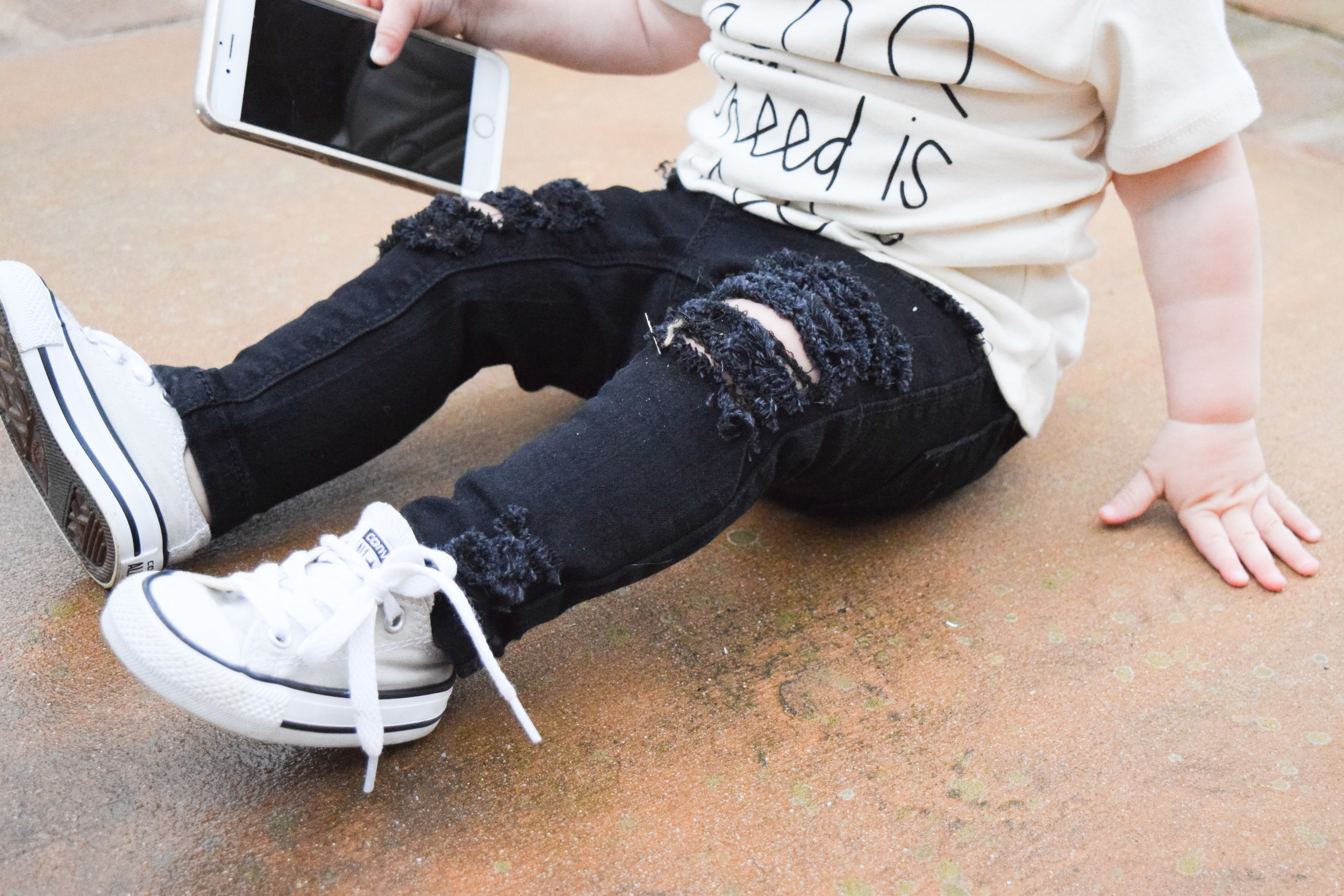 BABY FASHION | Unisex Baby Shirt, Baby Ripped Black Jeans, Baby Converse, Floral Baby Trucker Hat