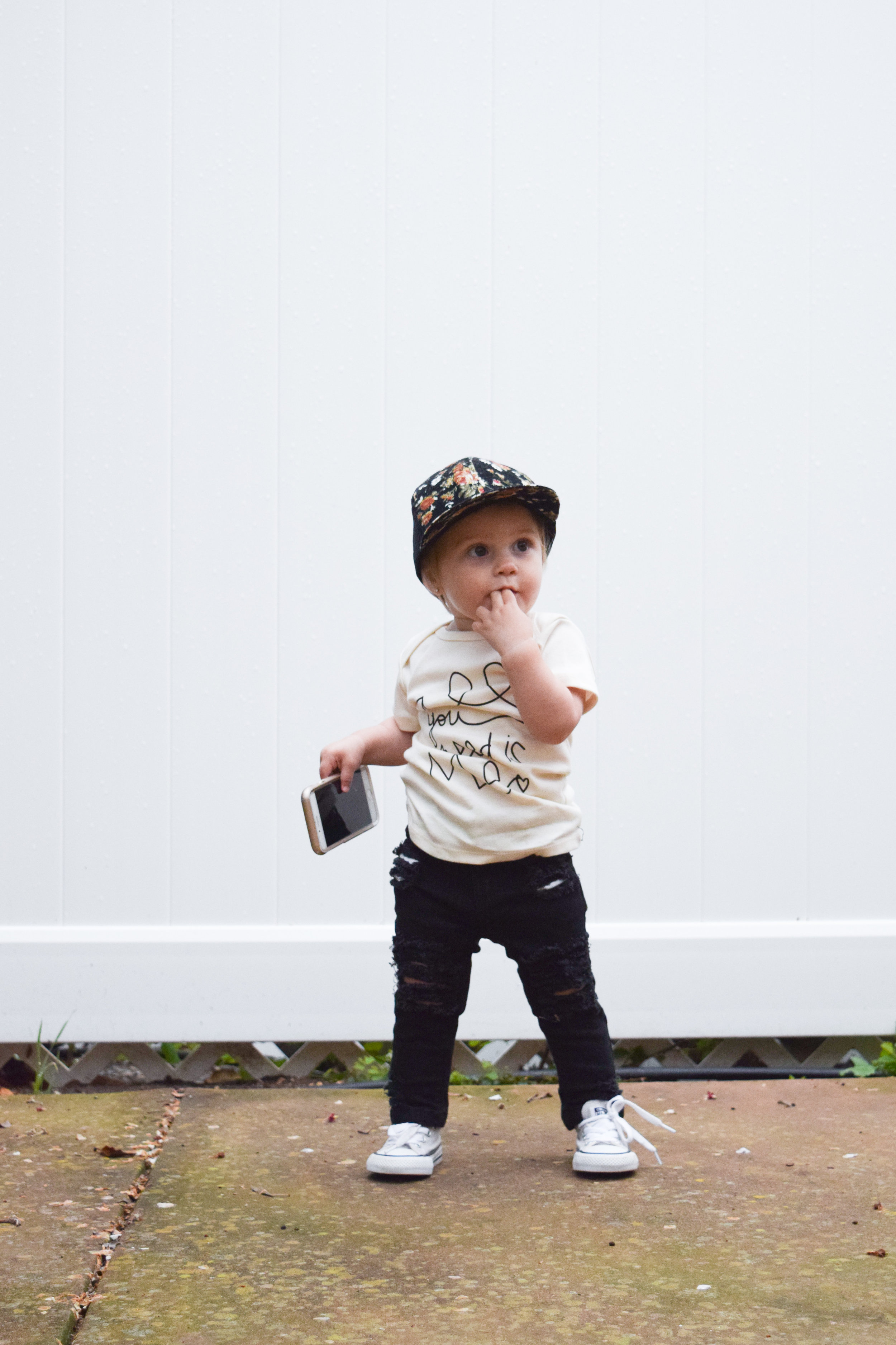BABY FASHION | Unisex Baby Shirt, Baby Ripped Black Jeans, Baby Converse, Floral Baby Trucker Hat