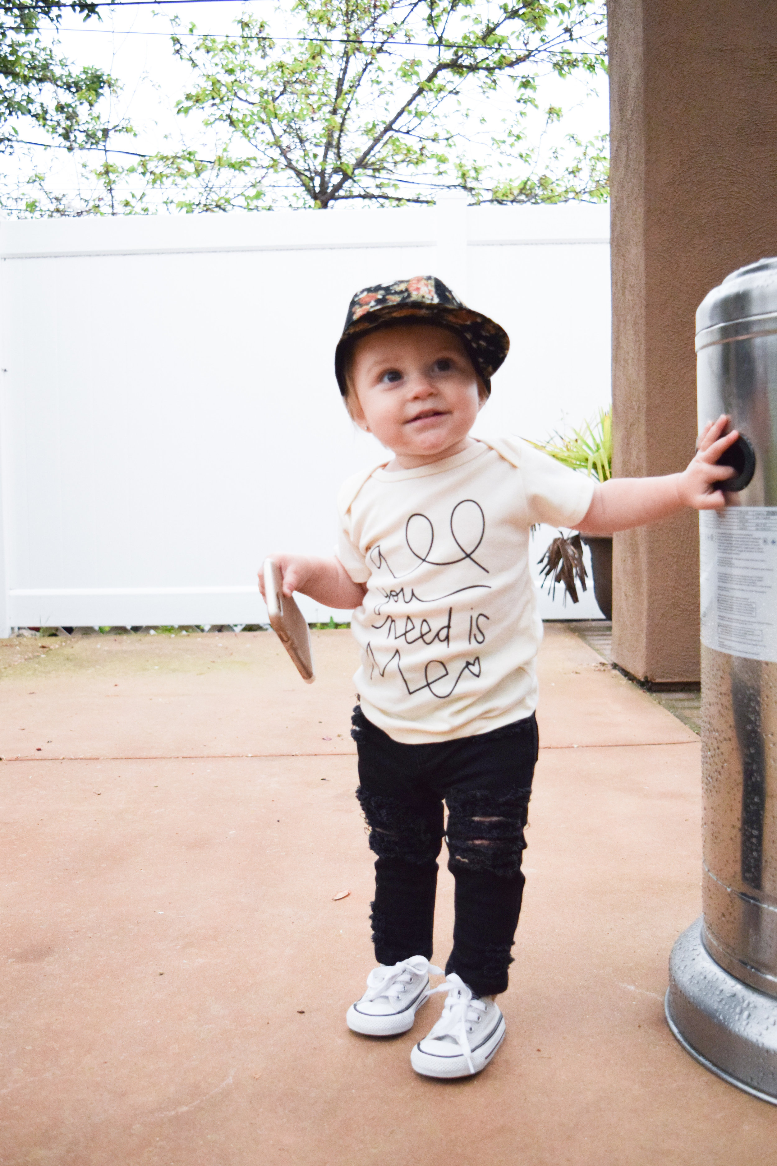 BABY FASHION | Unisex Baby Shirt, Baby Ripped Black Jeans, Baby Converse, Floral Baby Trucker Hat