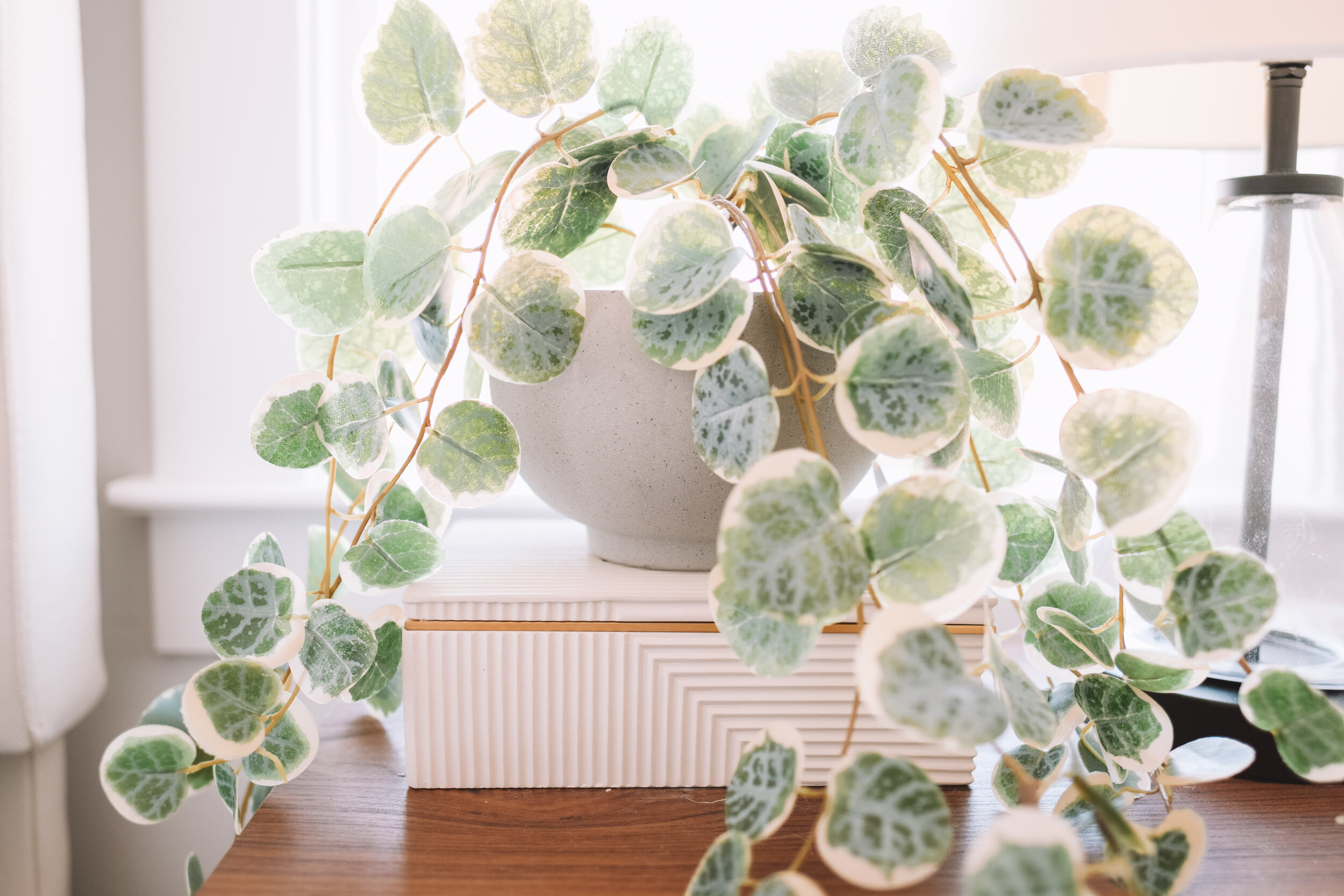 Nightstand Decor - Faux Eucalyptus Plant - The Overwhelmed Mommy