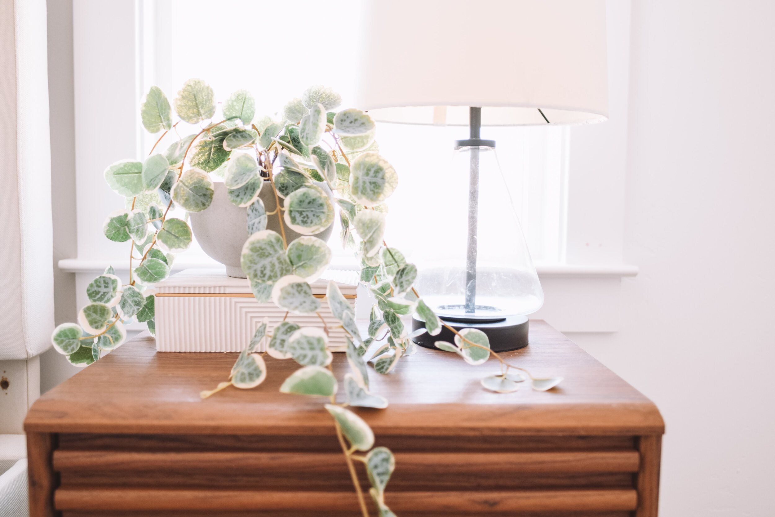 Nightstand Decor - Faux Eucalyptus Plant - The Overwhelmed Mommy