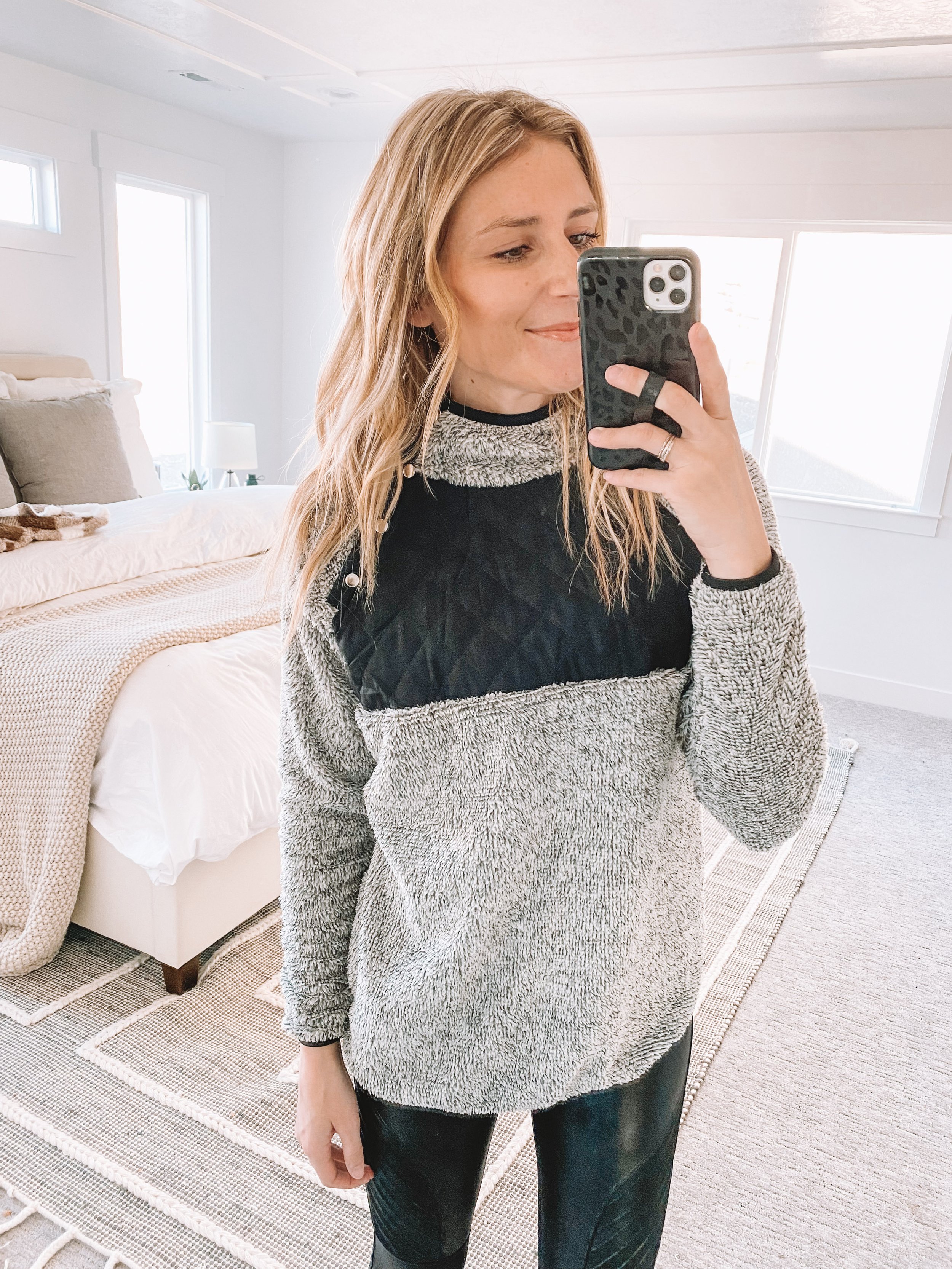 Women's Black + Grey Fuzzy Pullover - The Overwhelmed Mommy Blogger