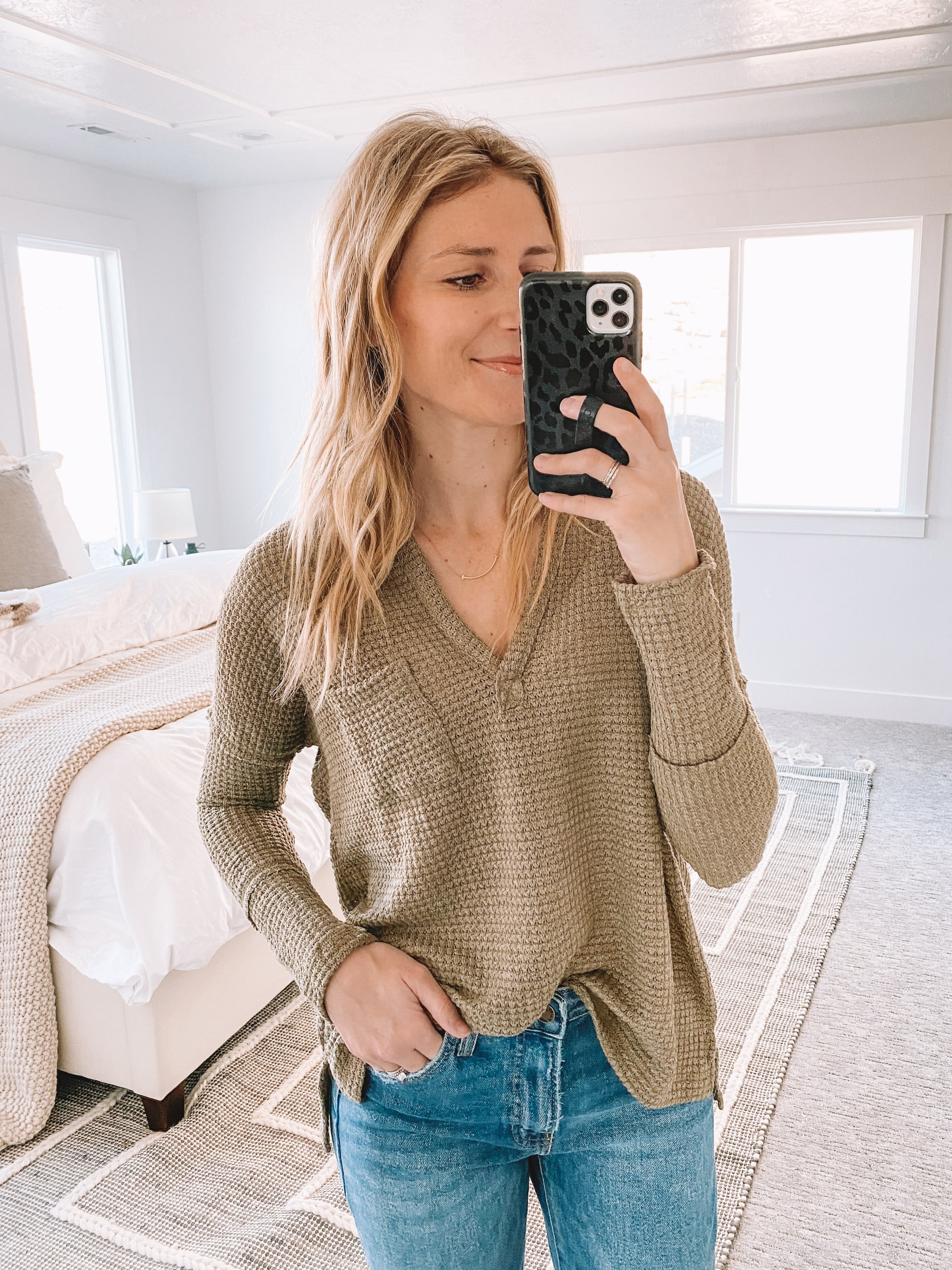 Olive Waffle Knit Long Sleeve Shirt - The Overwhelmed Mommy Blogger