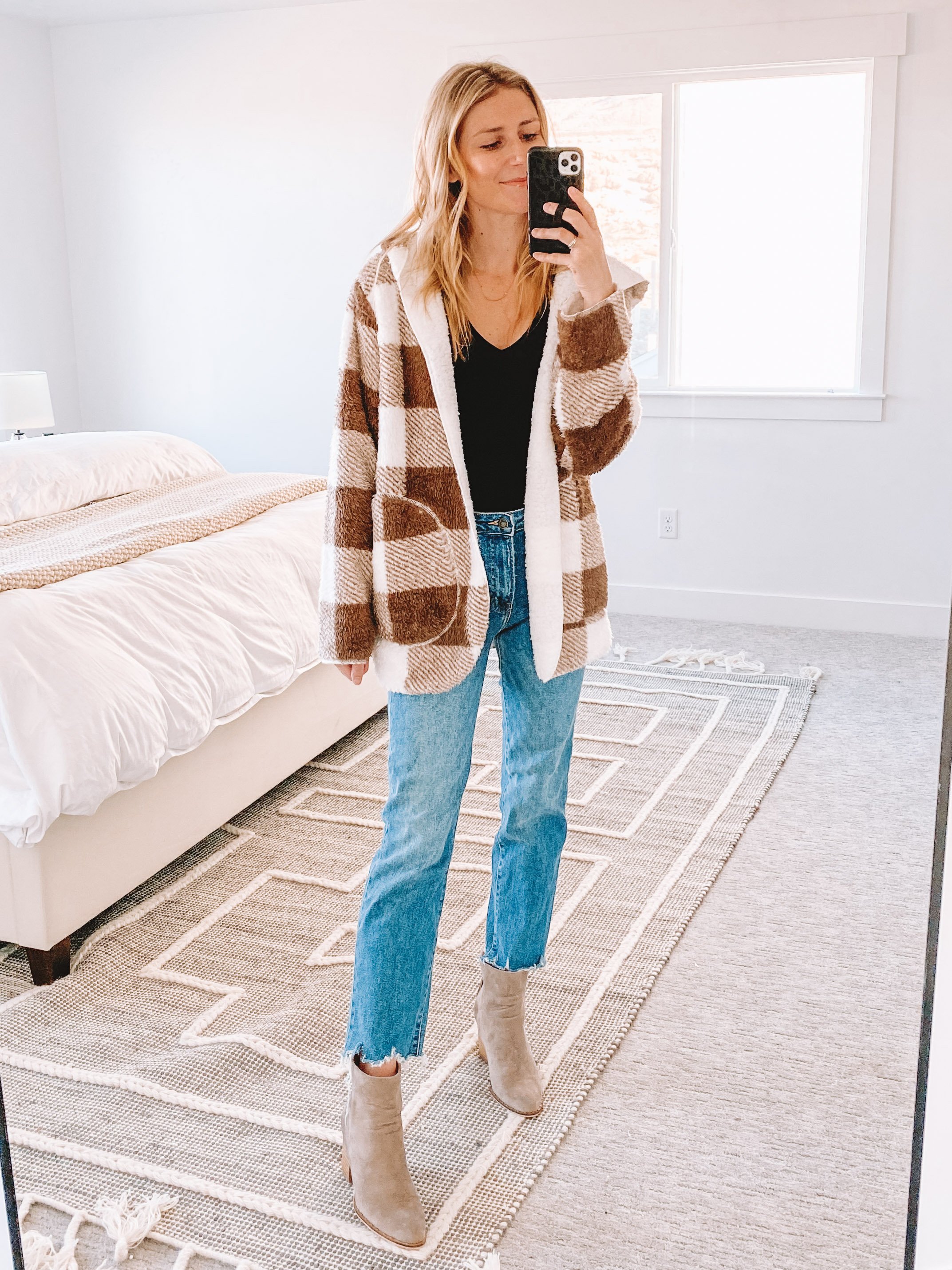 White + Tan Fuzzy Plaid Shacket - The Overwhelmed Mommy Blogger