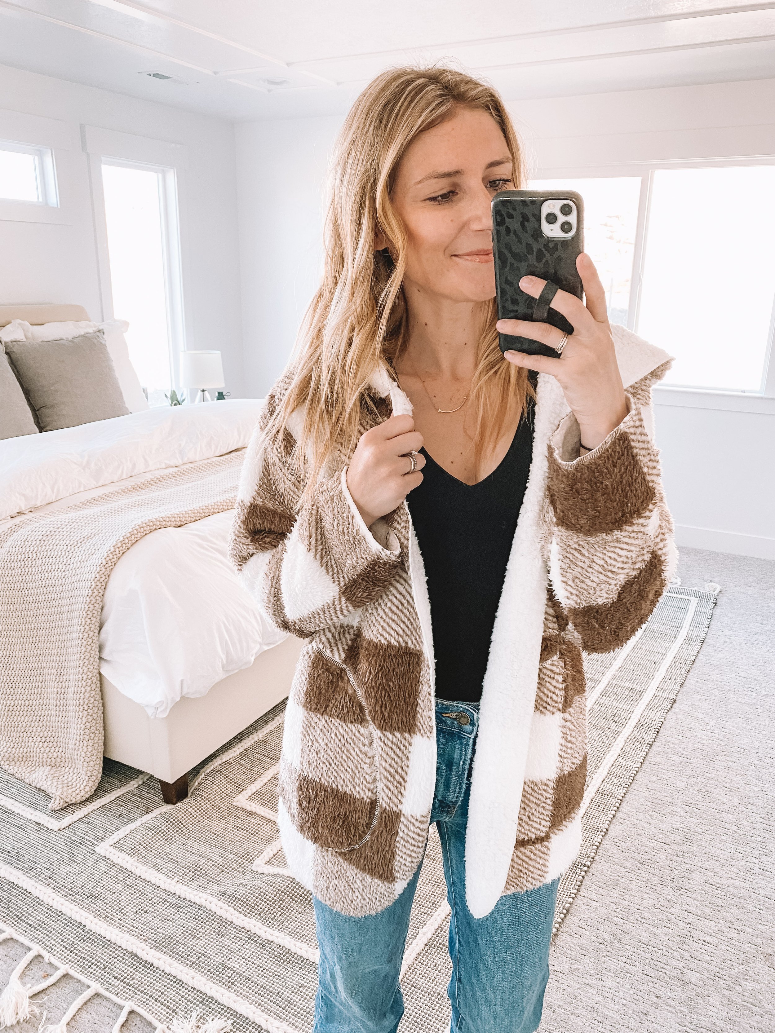 White + Tan Fuzzy Plaid Shacket - The Overwhelmed Mommy Blogger