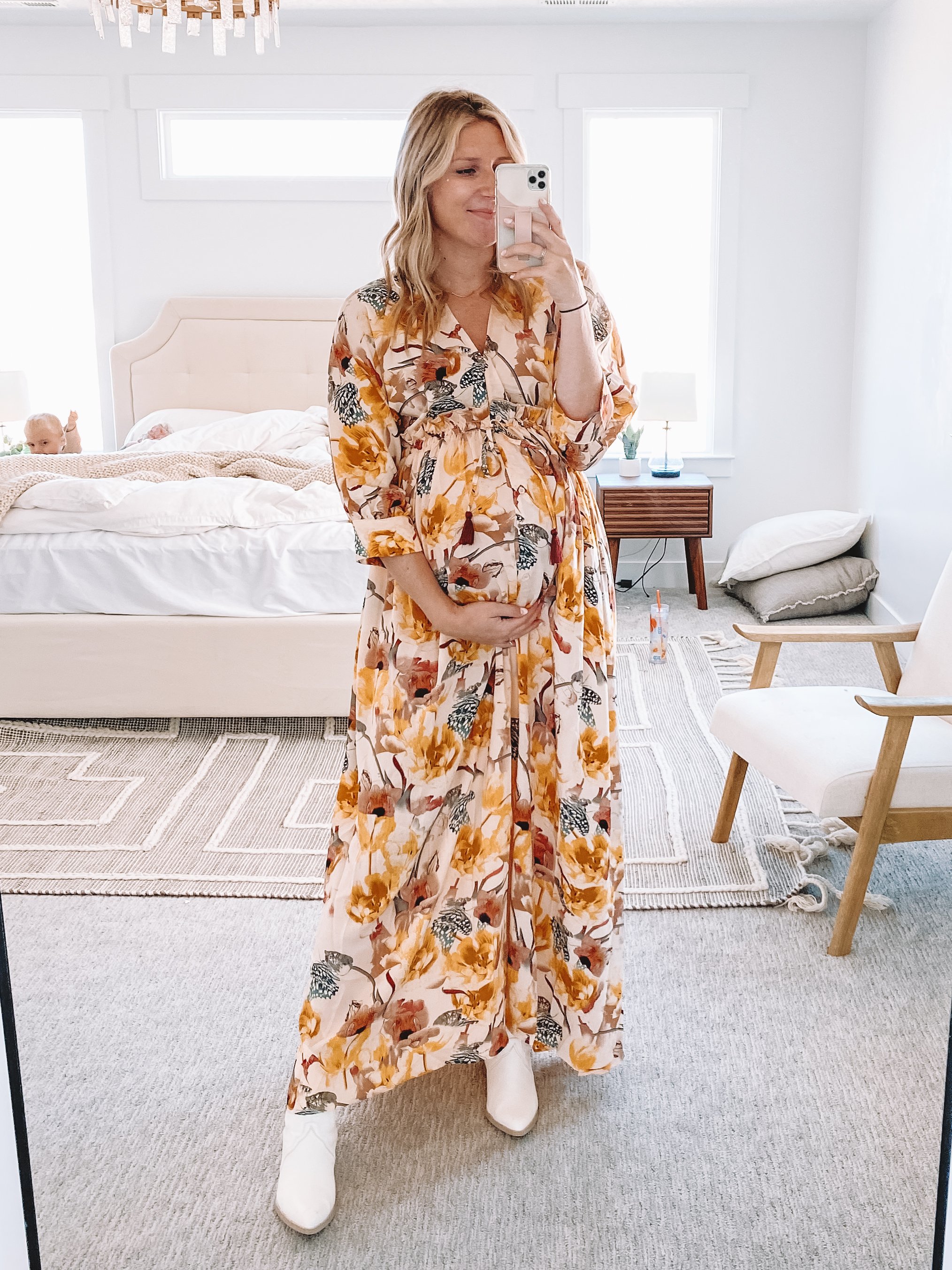 Yellow Floral Maxi Dress -- Bump-Friendly Fall Outfits