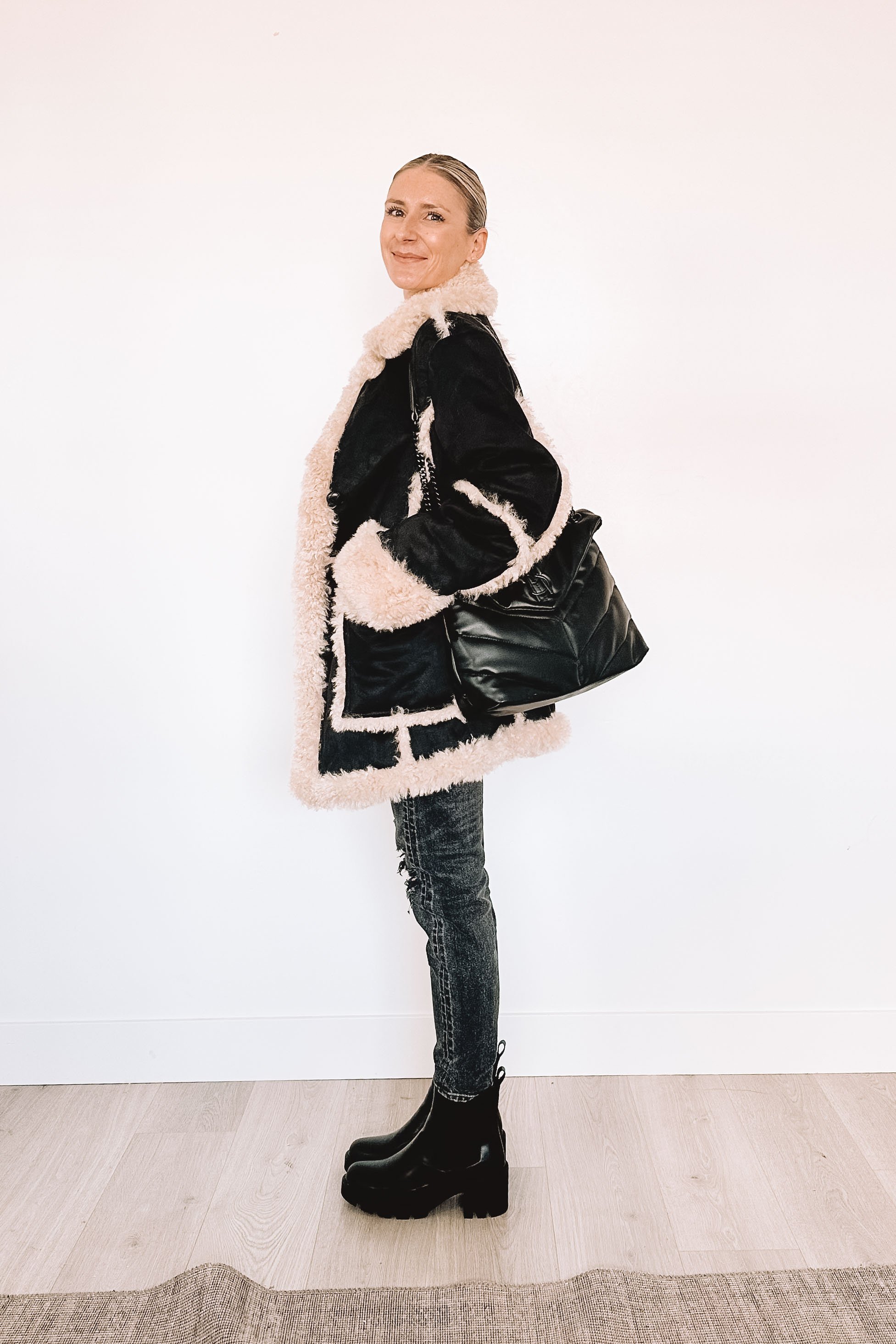 Women's Shearling Fleece Suede Oversized Coat Black
