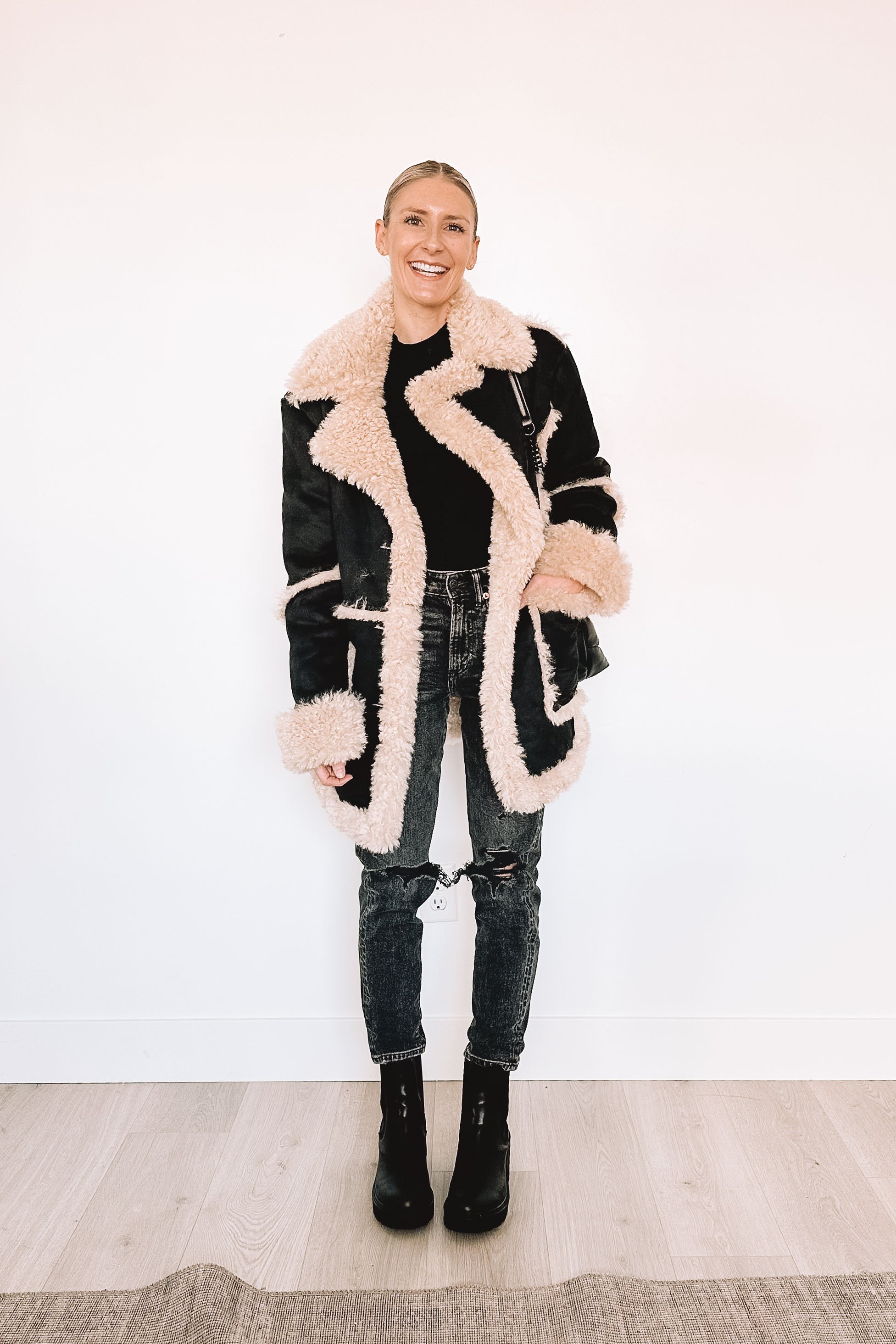 Women's Shearling Fleece Suede Oversized Coat Black