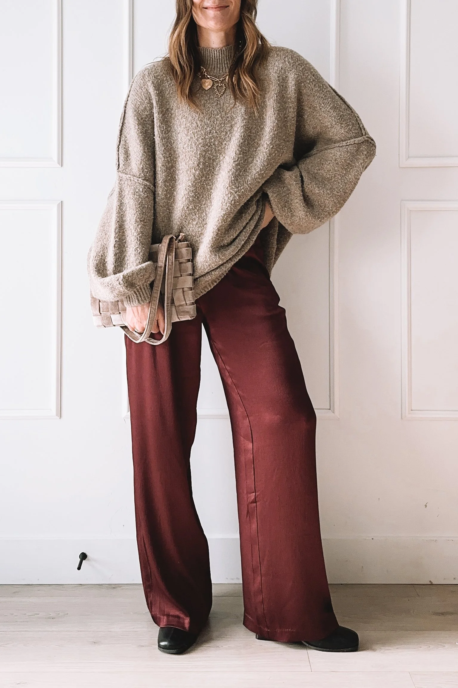 Cozy Holiday Outfit Idea: Oversized Sweater + Satin Pants