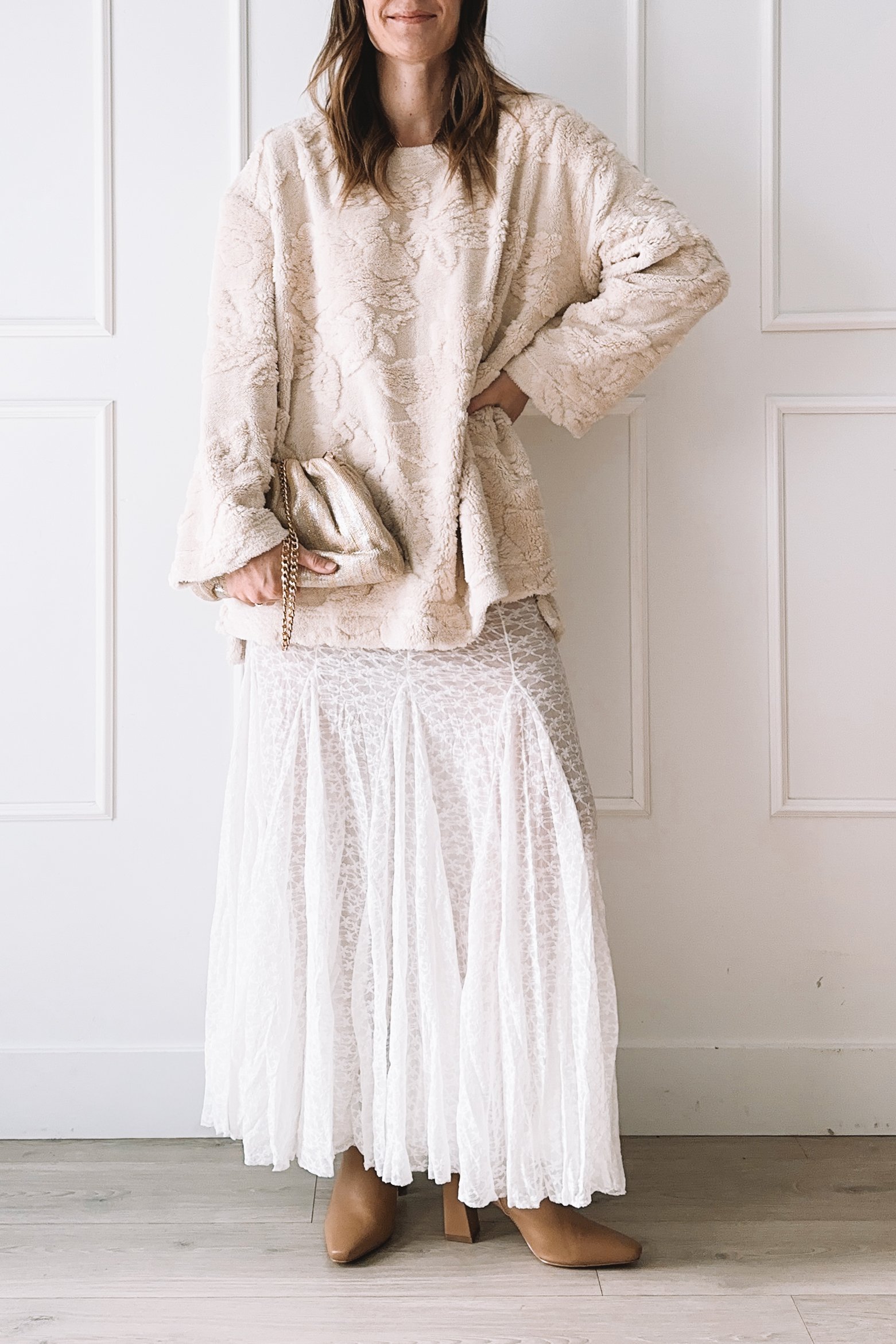 Romantic Winter Outfit with Cream Textured Sweater and White Maxi Skirt