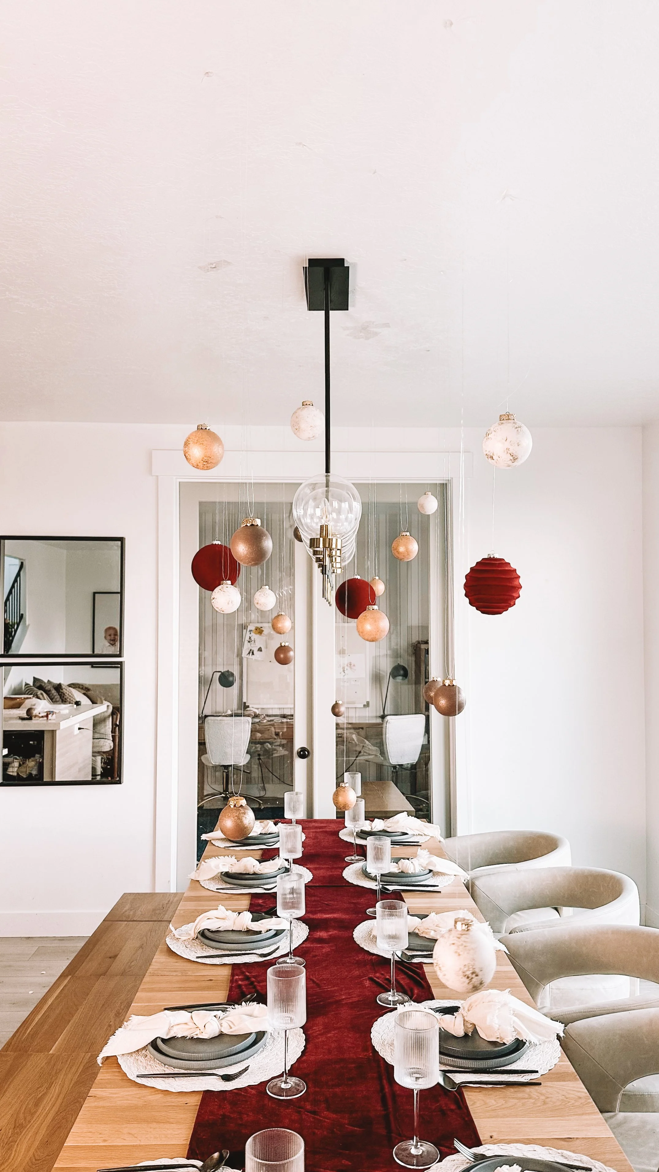 A Floating Holiday Table: How I Decorated with Hanging Ornaments Instead of a Centerpiece