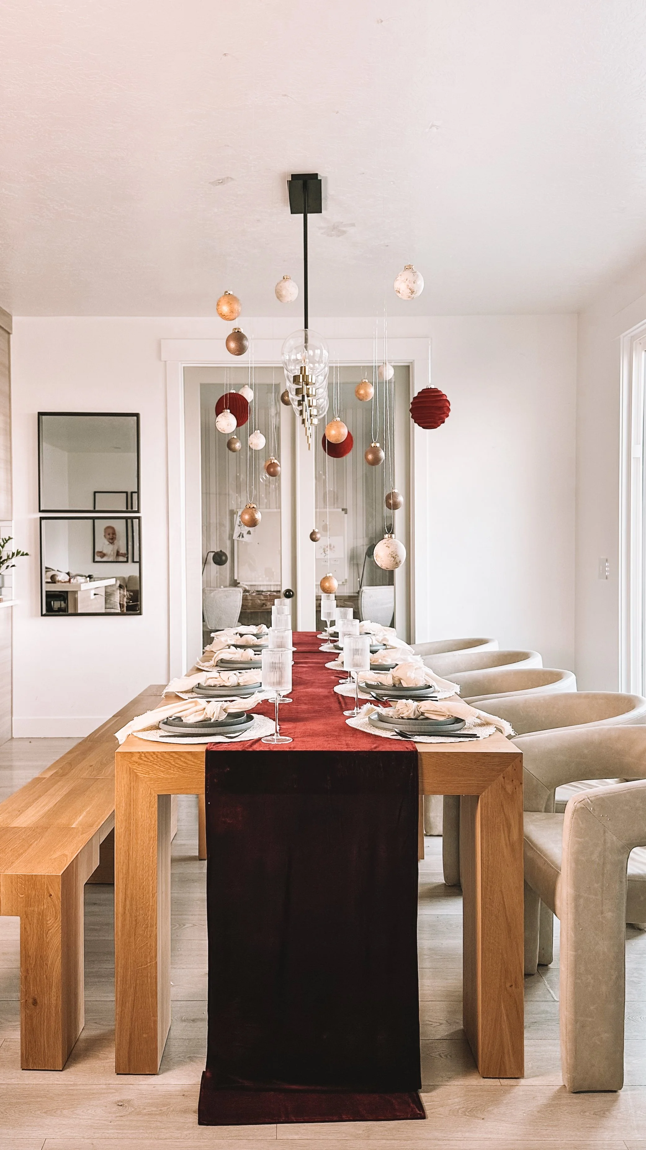 Floating Holiday Table with Hanging Ornaments