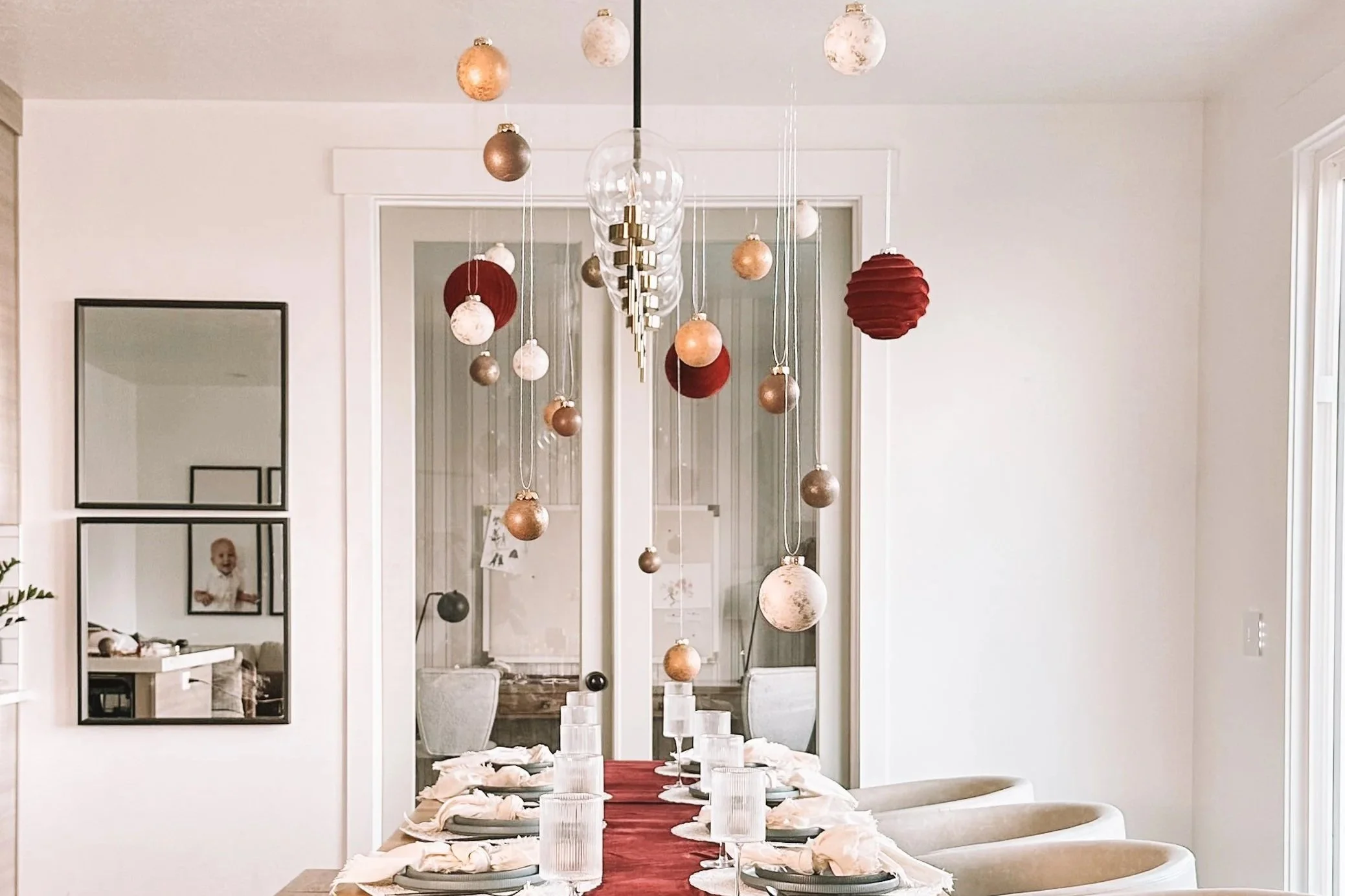 Floating Holiday Table with Hanging Ornaments