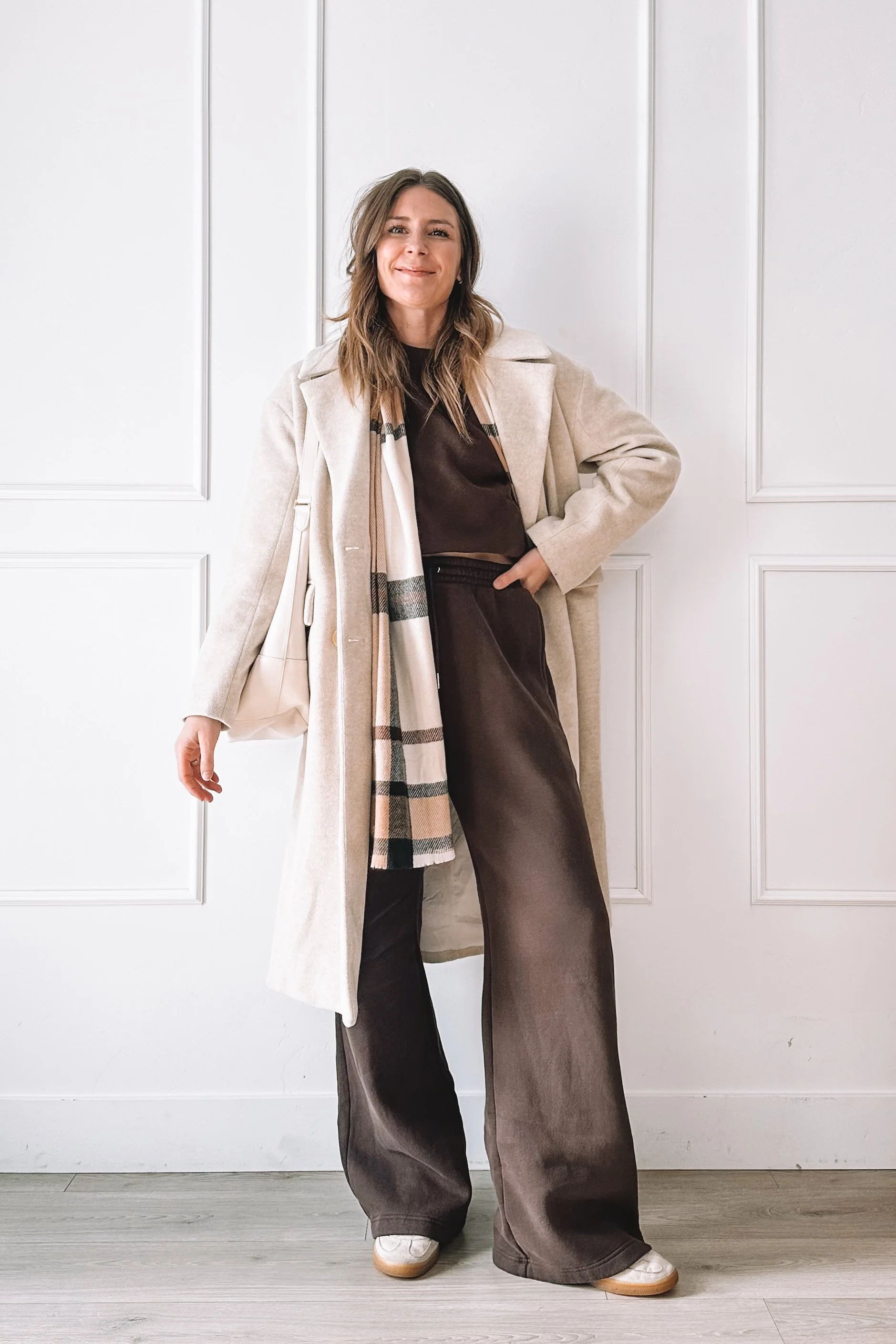 Comfy to Elevated Outfit with Neutral Coat