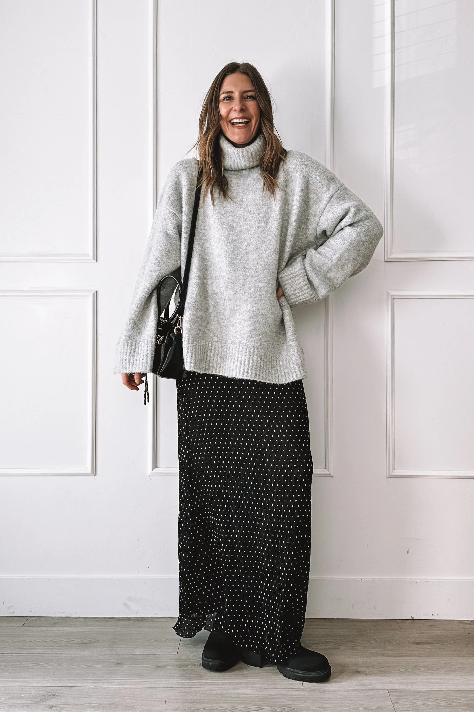 Comfy Elevated Mom Outfit with Oversized Sweater and Midi Skirt
