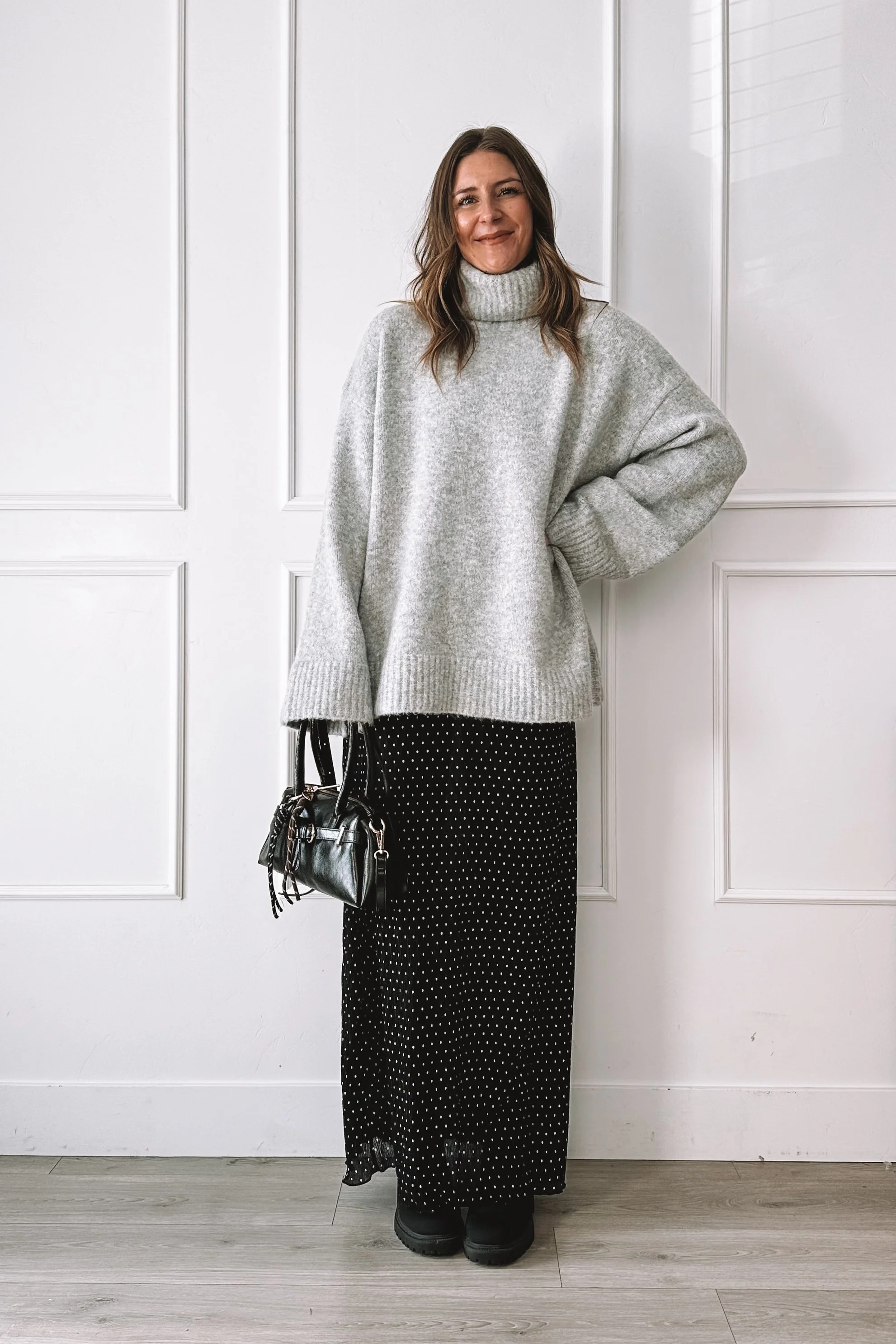 Comfy Elevated Mom Outfit with Oversized Sweater and Midi Skirt